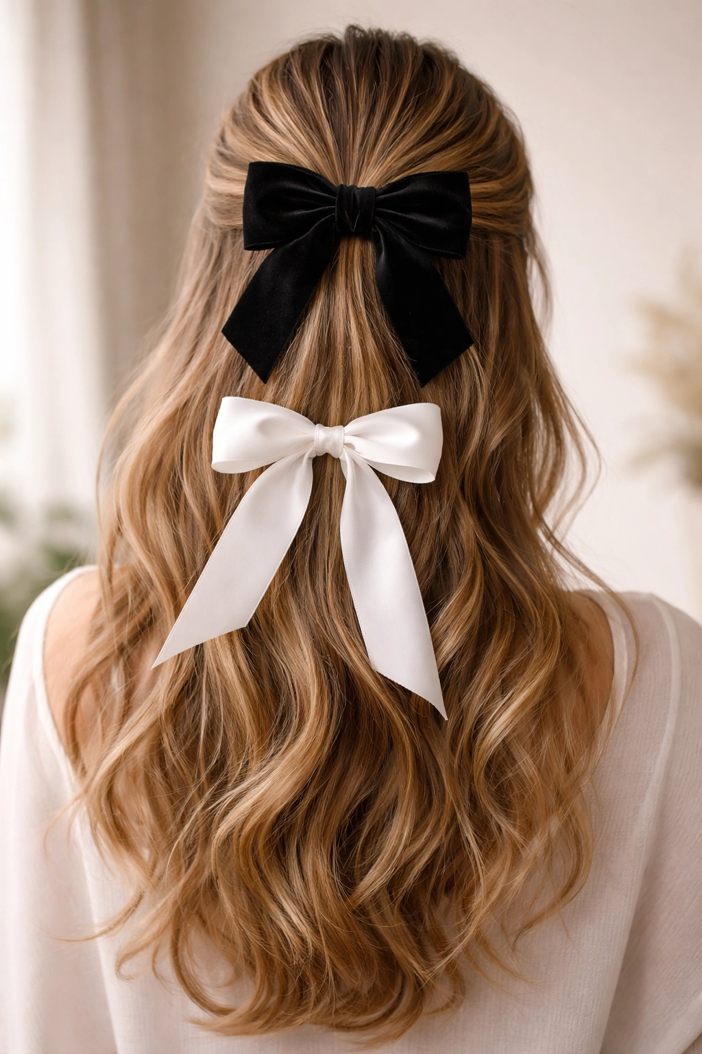 Back view of a double-bow half-up hairstyle with two bows on a smooth ponytail