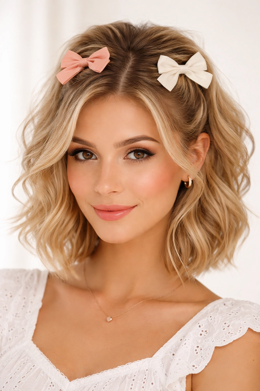 Half-up hairstyle with two small bows at different heights