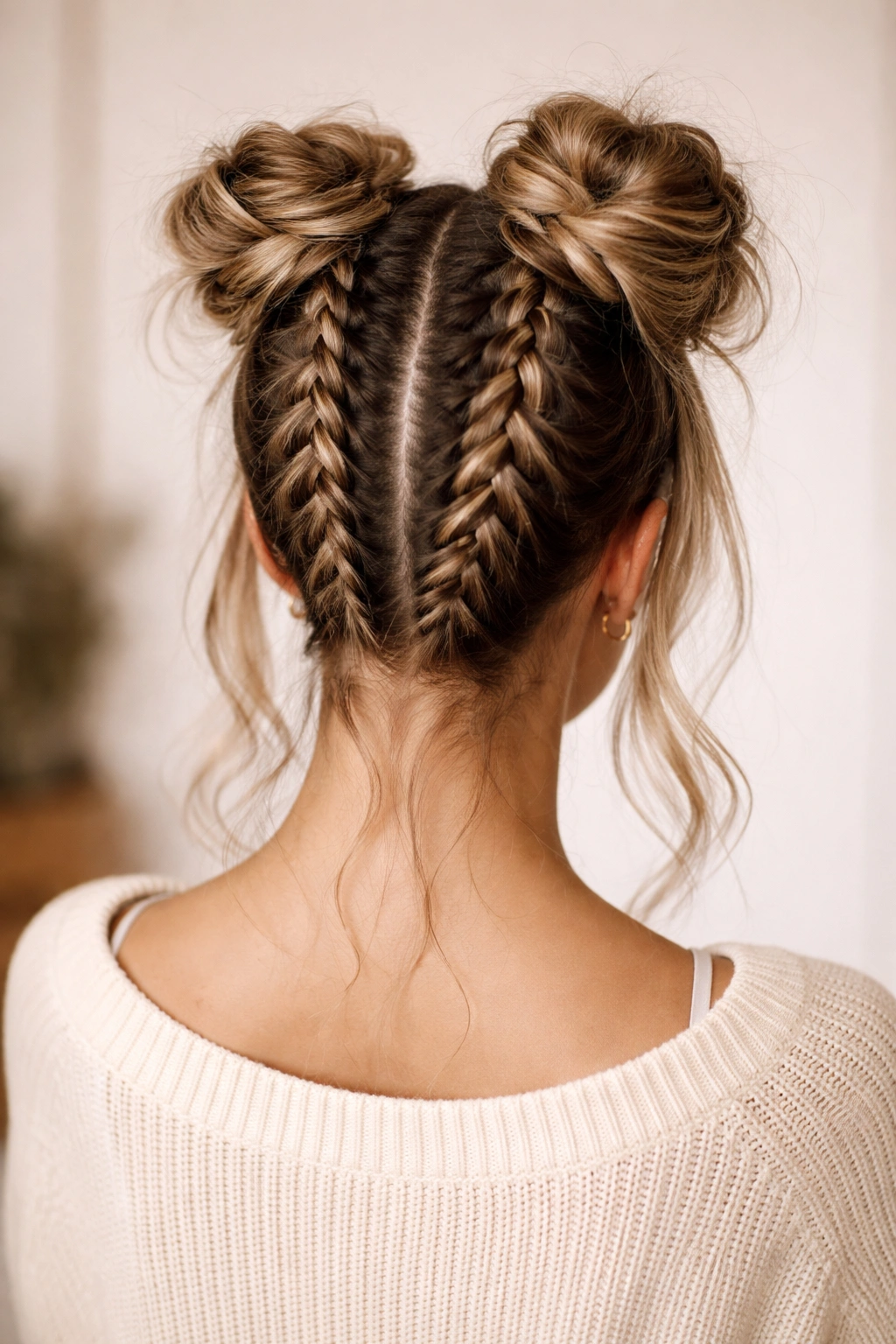 Dutch braids feeding into two top buns in a crown-like arrangement