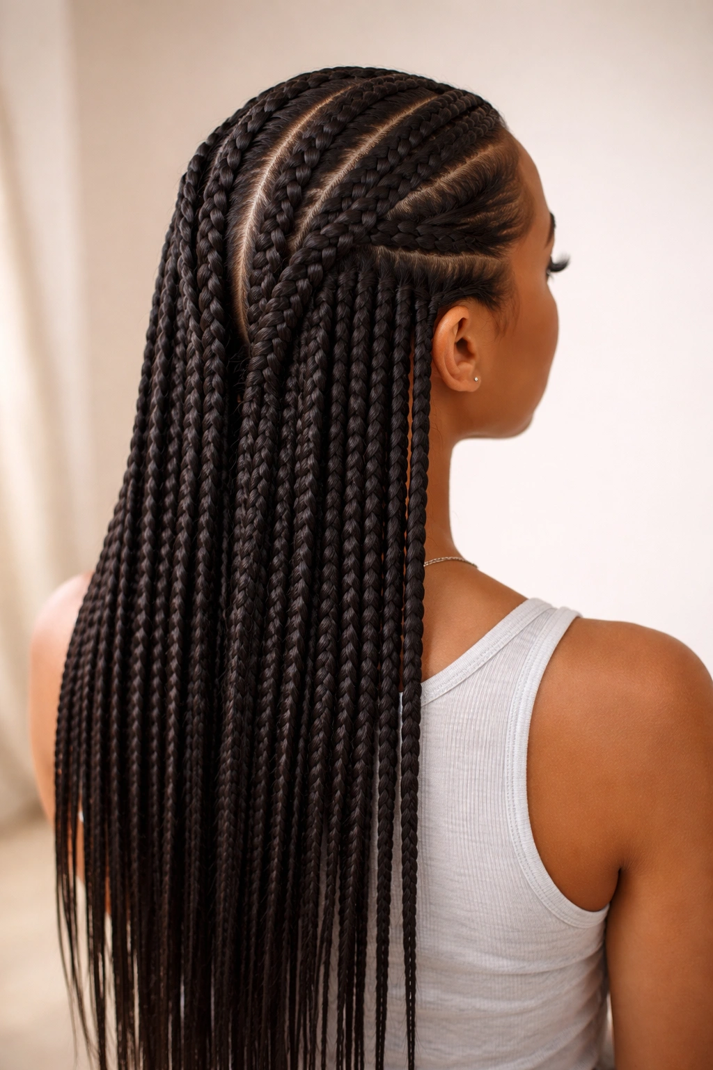 Close-up of two parallel cornrows with cascading waterfall box braids at the back of the head