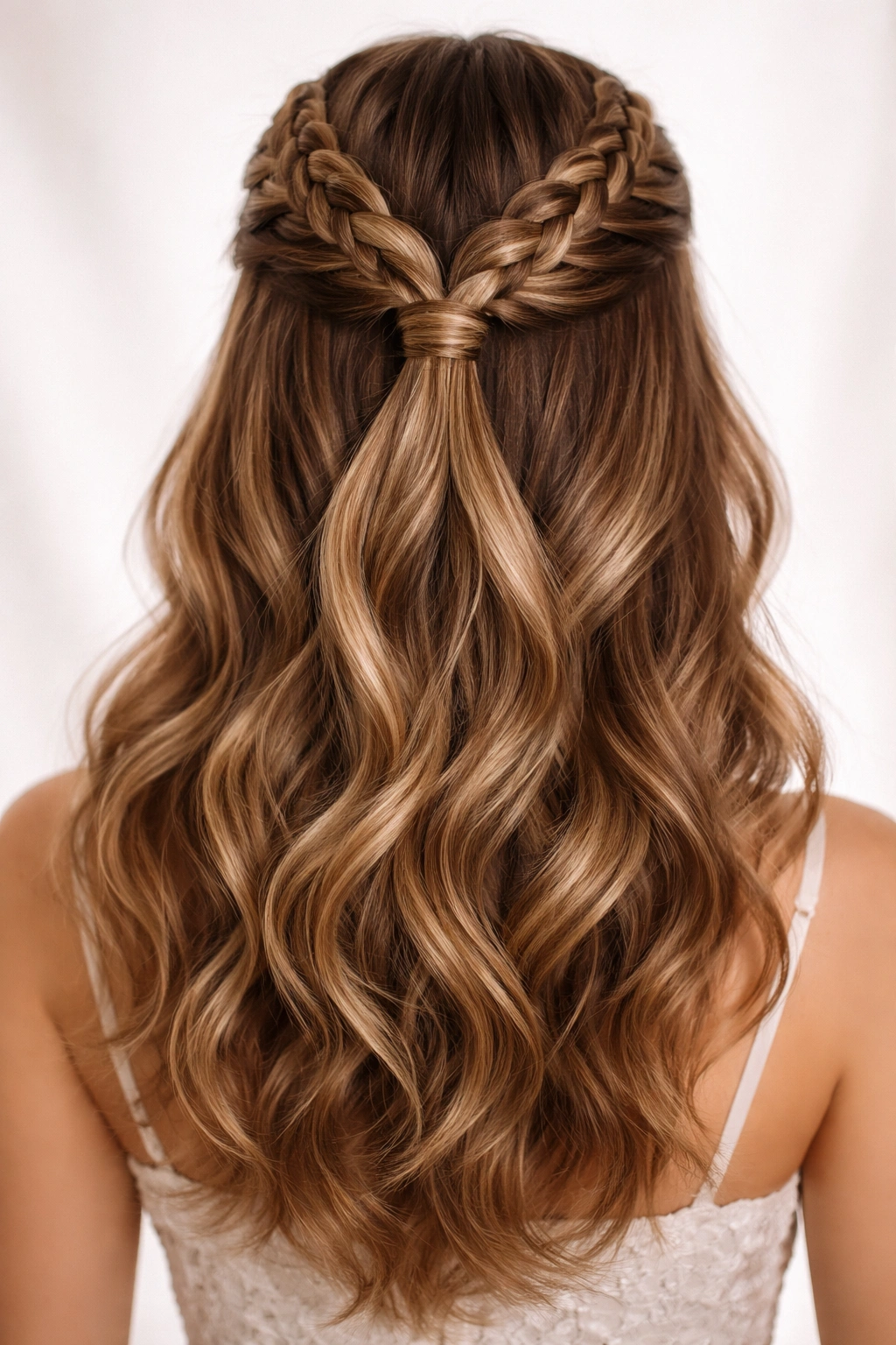 Double braid half-up style with two braids converging at the crown.