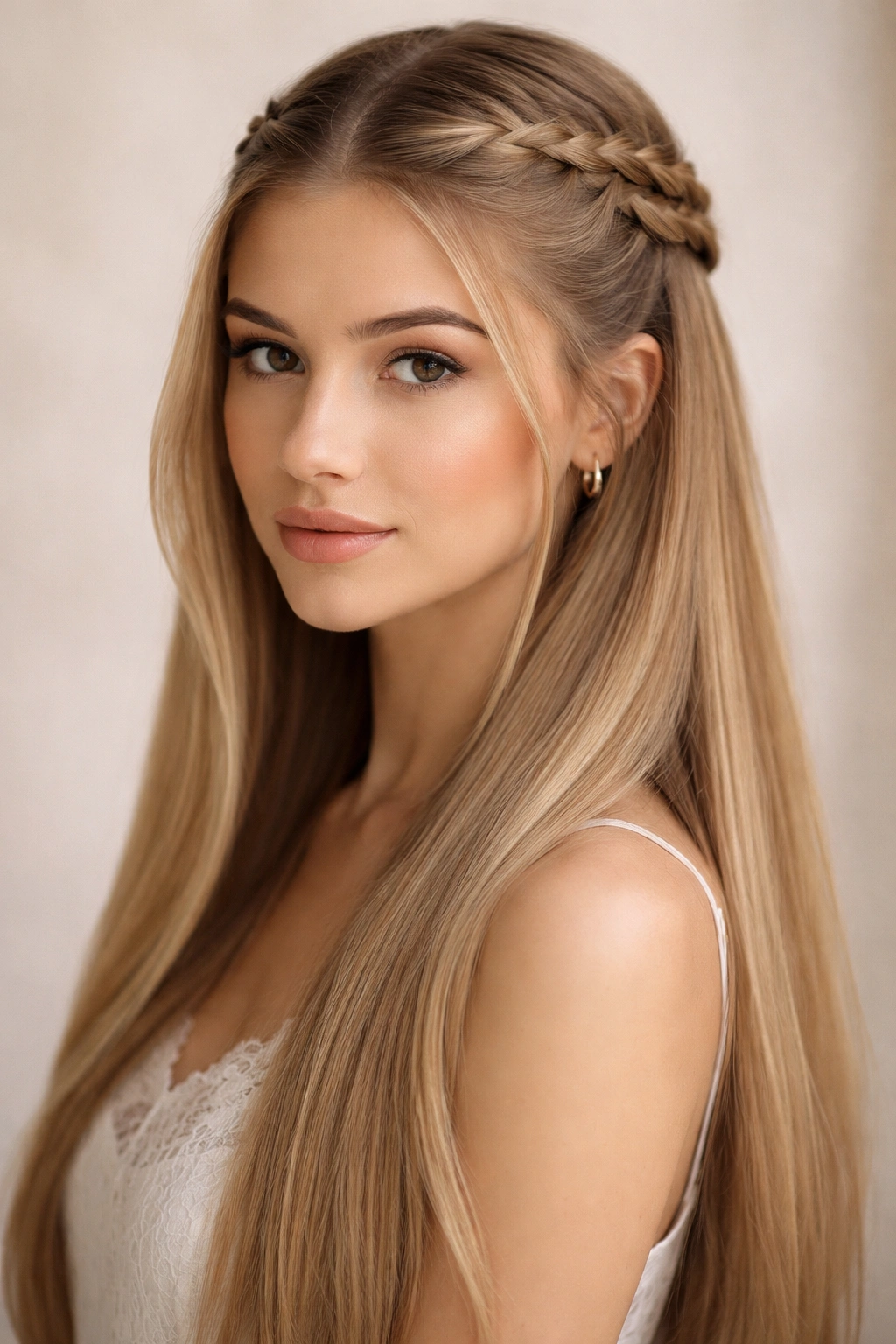 Two braids forming a crown on long straight hair