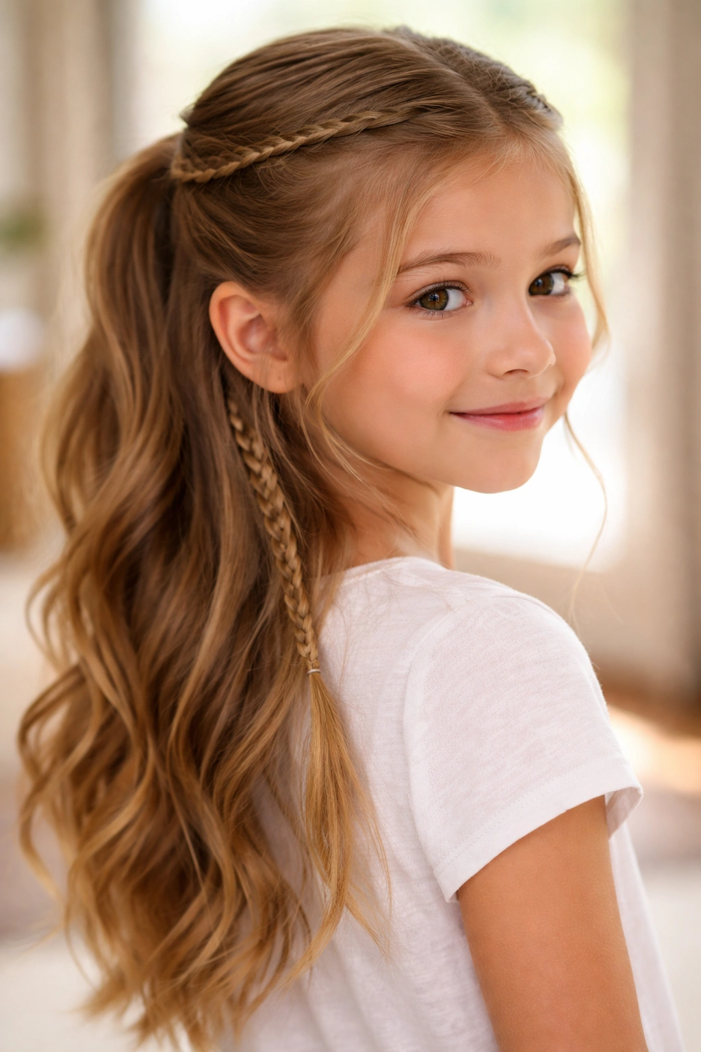 Child with two front braids forming a crown-like ponytail