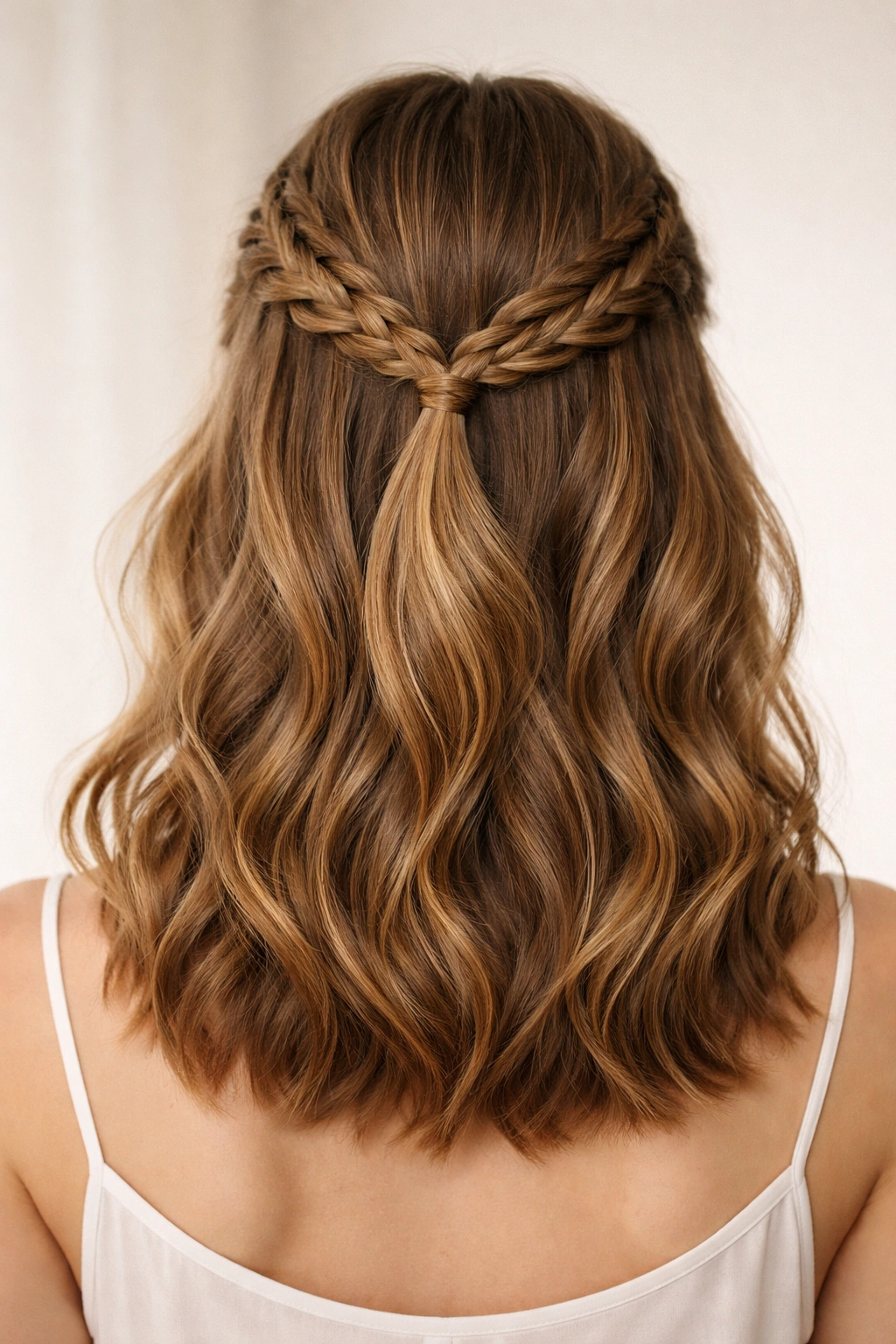 Two parallel braids meeting at back in a half-up hairstyle