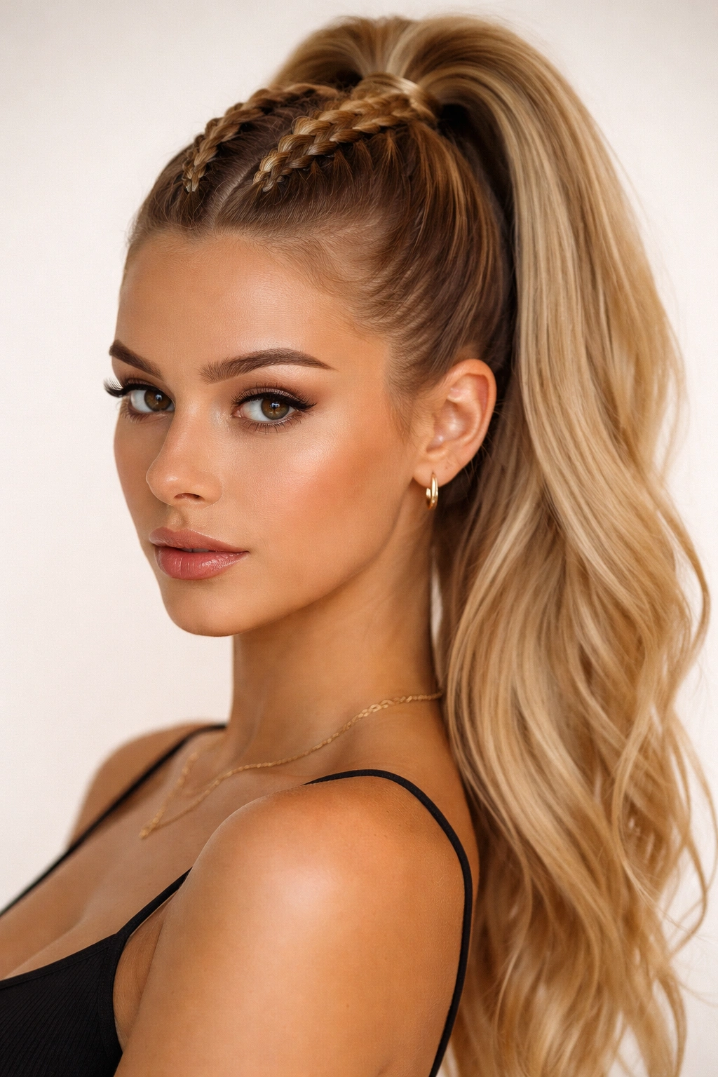 Two parallel braids running to a high ponytail, creating dual anchors