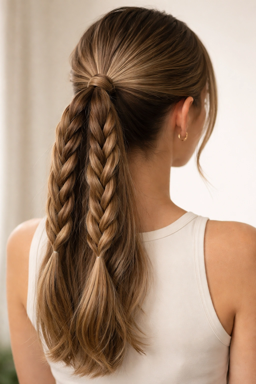 Two braids in a mid ponytail creating a thick textured look