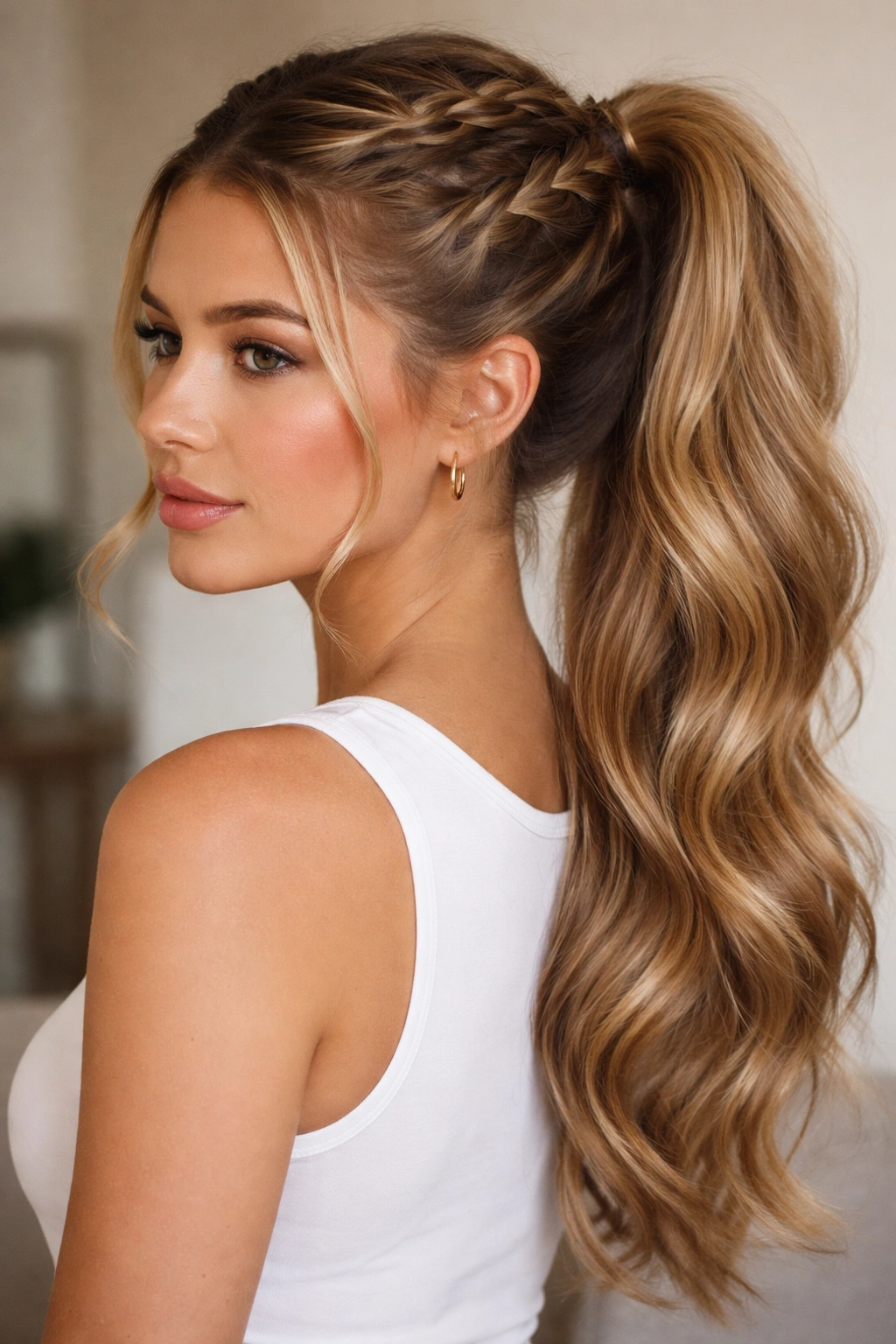 Two side braids converging into a single ponytail at the nape