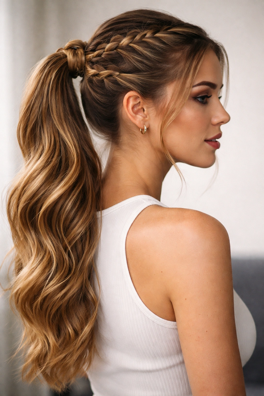Close-up of Double Braid Ponytail showing two side braids merging into a single ponytail