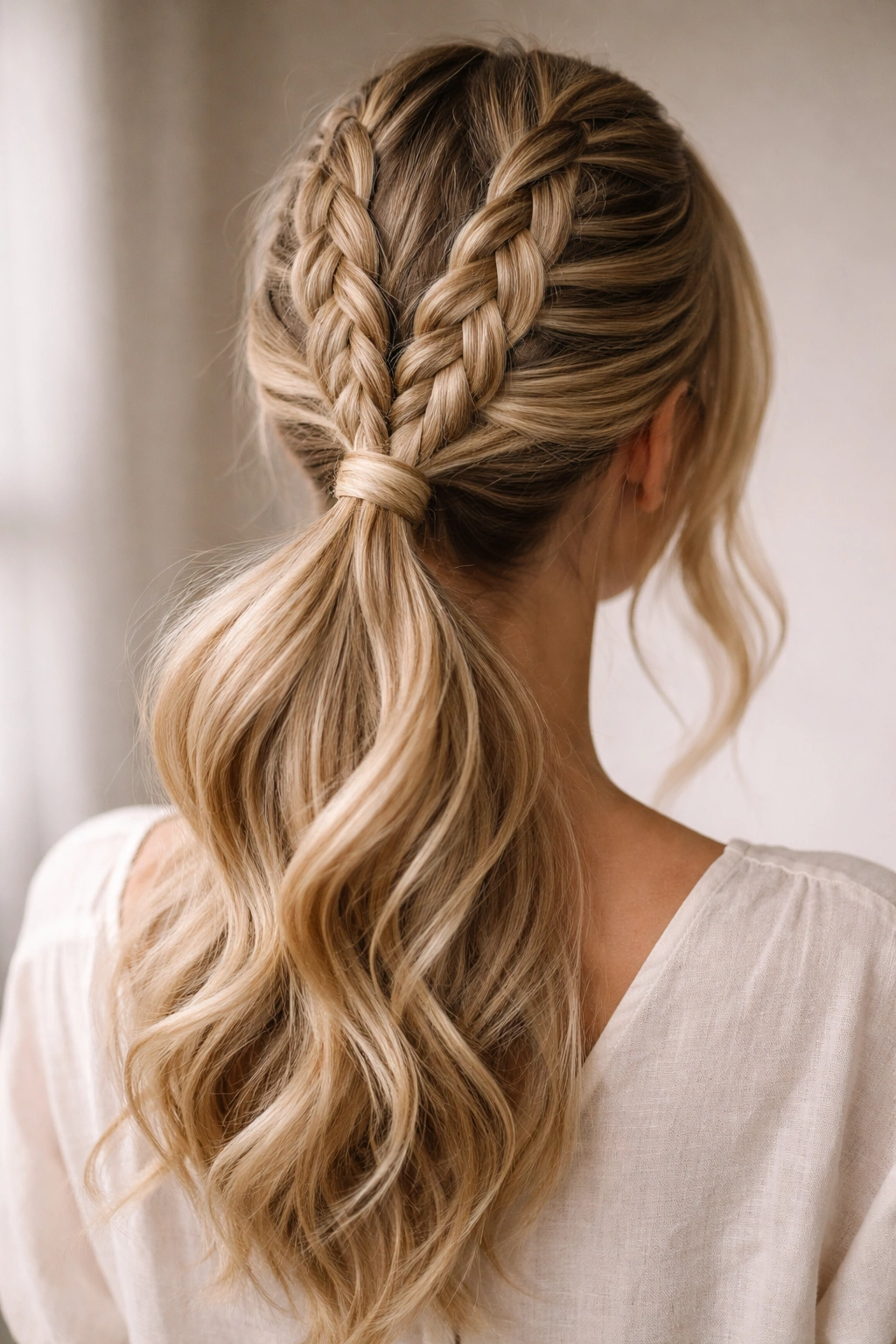 Two parallel braids forming a low blonde ponytail with layered highlights