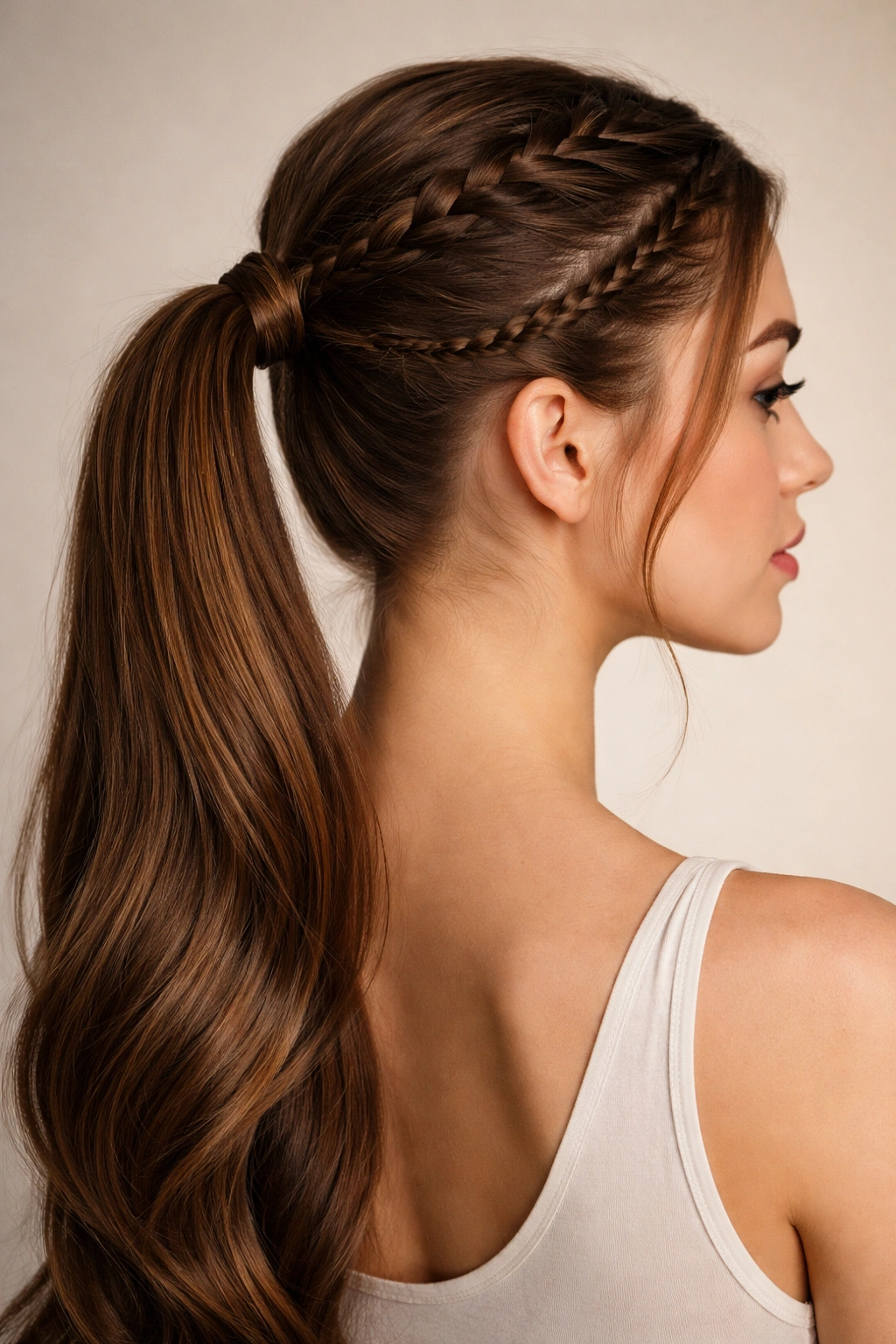 Double braid ponytail showing two symmetrical braids converging into a single ponytail at the nape