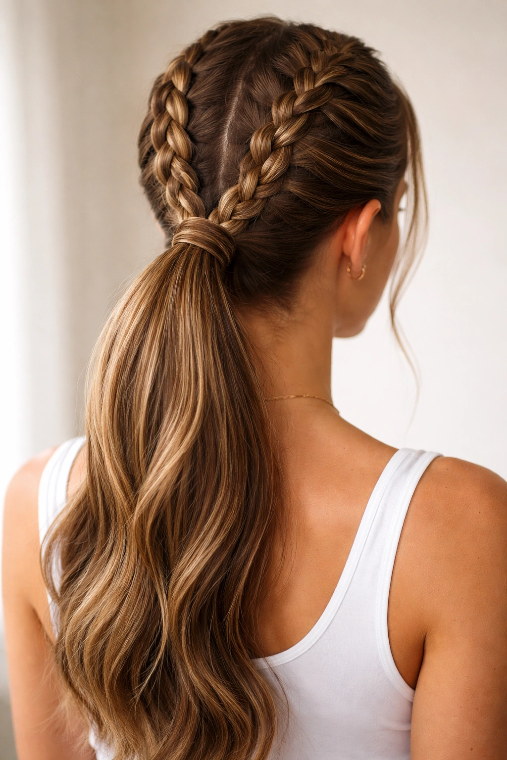Close-up of a double braid ponytail with two symmetrical braids converging into a single ponytail at the nape.
