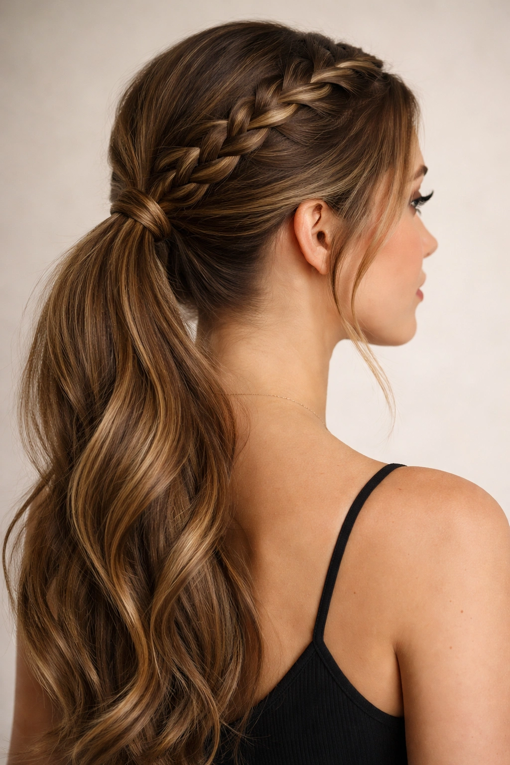 Close-up of a double braid ponytail with two symmetrical braids converging into a ponytail at the nape
