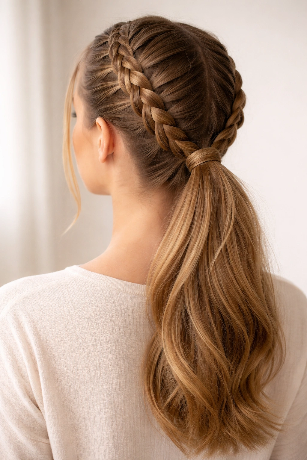 Close-up of double braided ponytail with two symmetrical braids joining into a ponytail