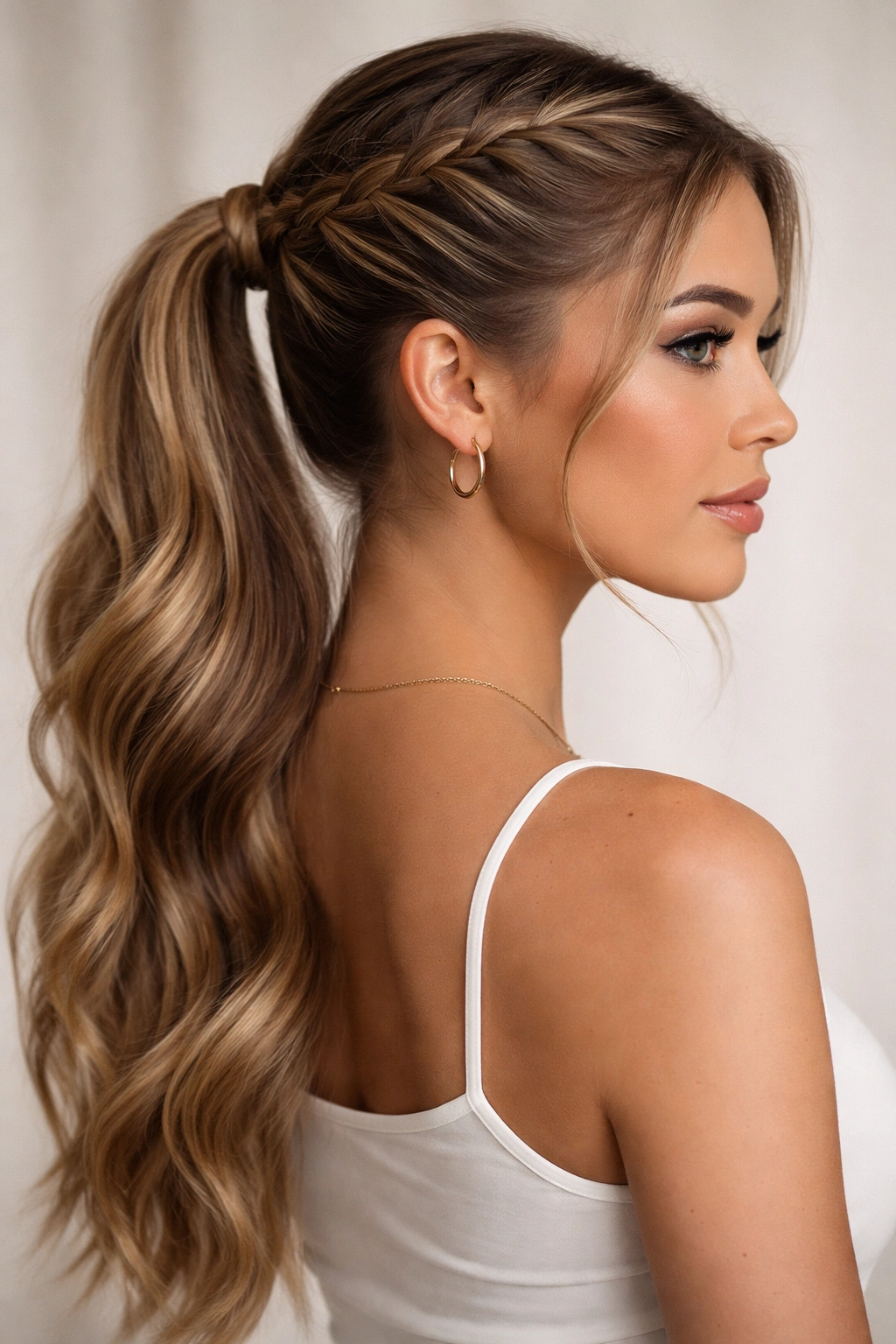 Close-up of a double braid ponytail with two symmetrical braids converging at the nape