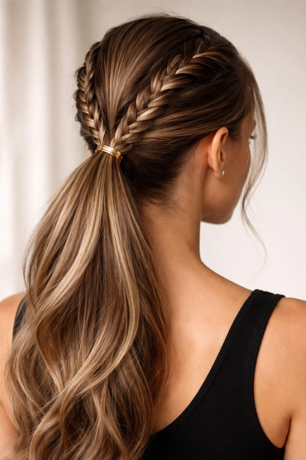 Close-up of a double braid ponytail showing two symmetrical braids merging into a polished ponytail