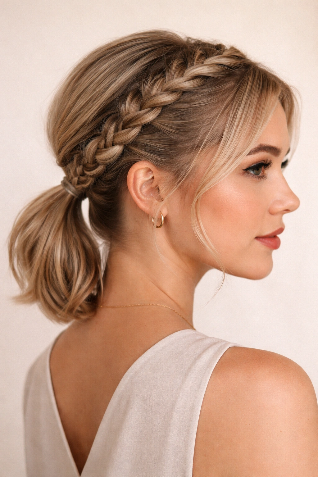 Close-up of two braids converging into a low ponytail on short hair, showing volume and symmetry
