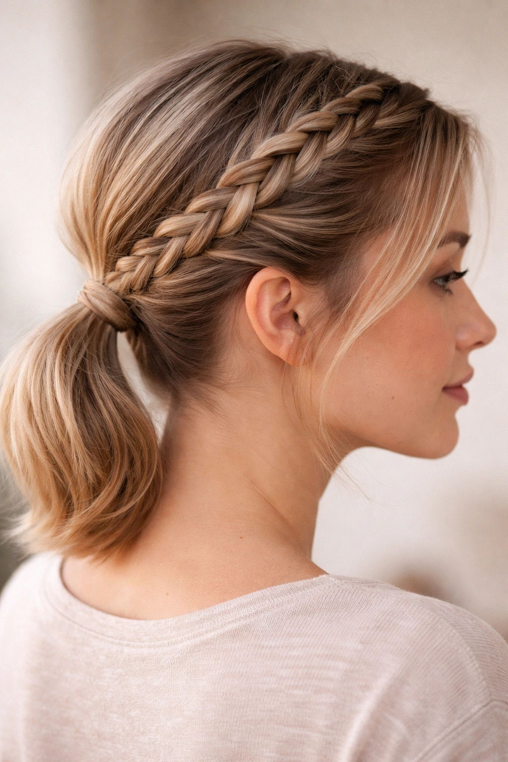 Close-up of a short hairstyle with two braids forming a single low ponytail.