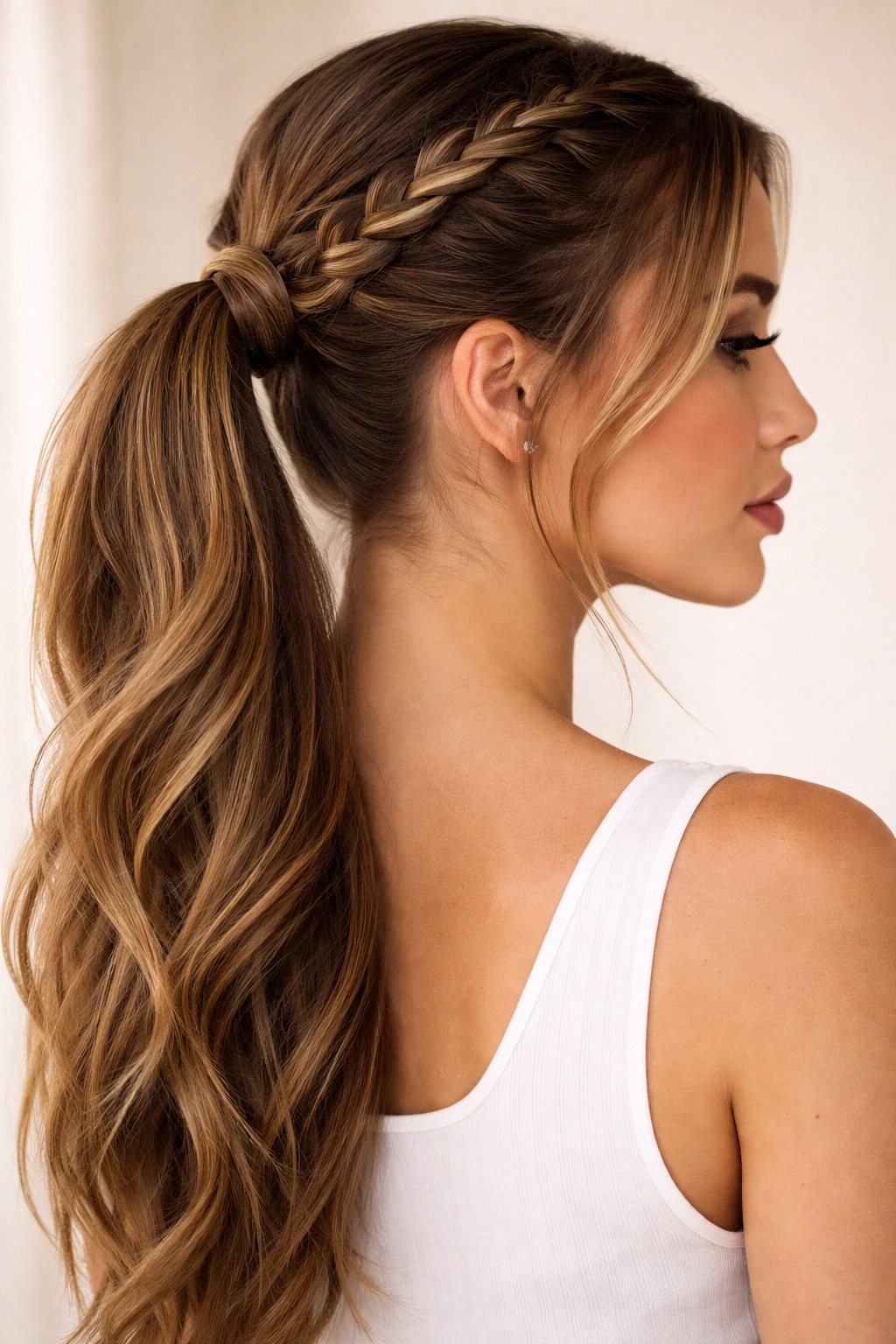 Close-up of a double braid ponytail with two symmetrical braids converging into a single ponytail at the nape
