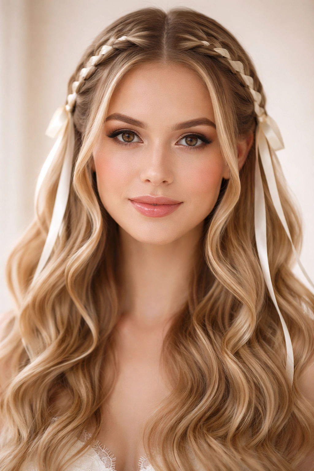 Front view of double braided half-up hairstyle with ribbons