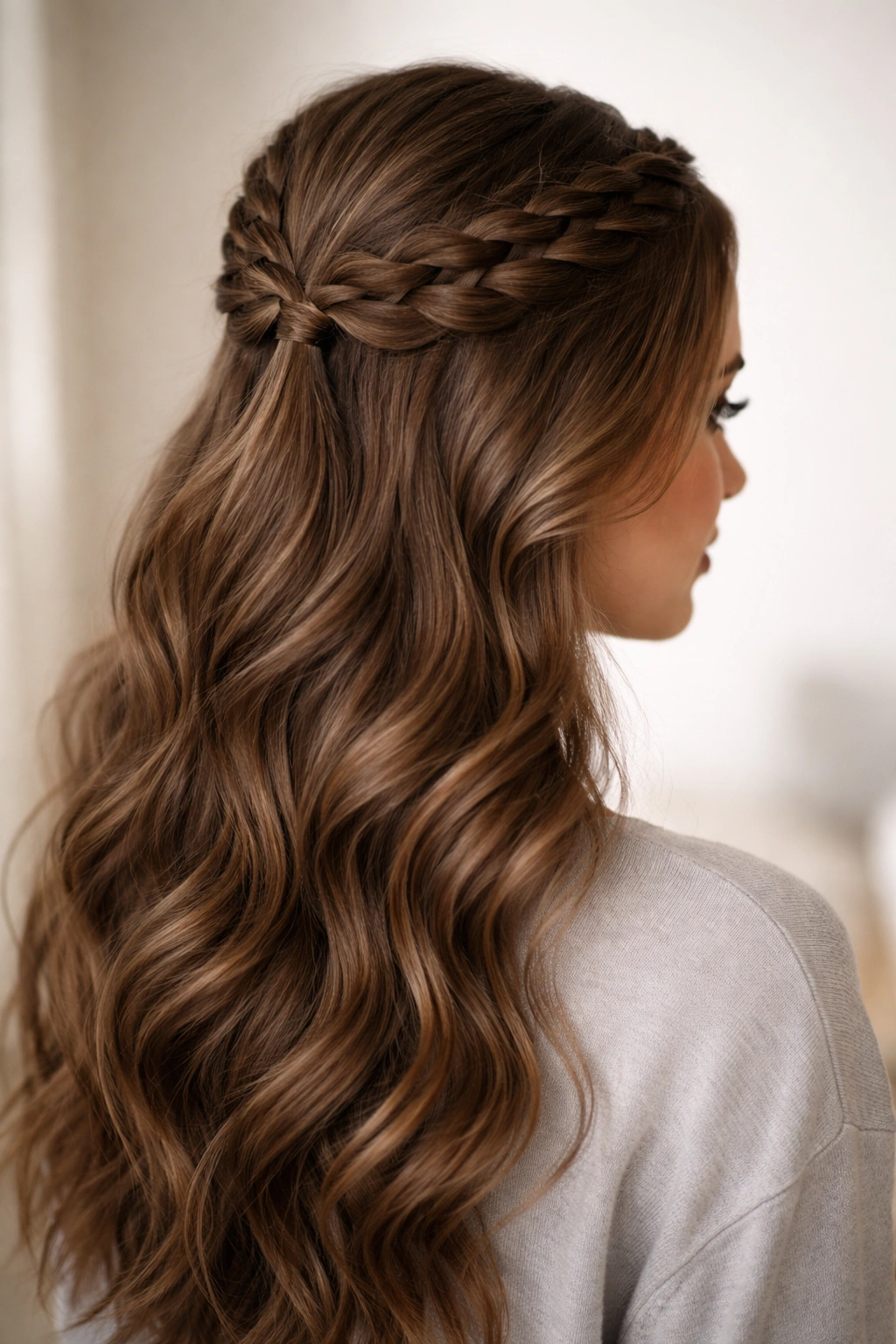Side view of thick hair with two symmetrical braids joined at the crown in a half-up
