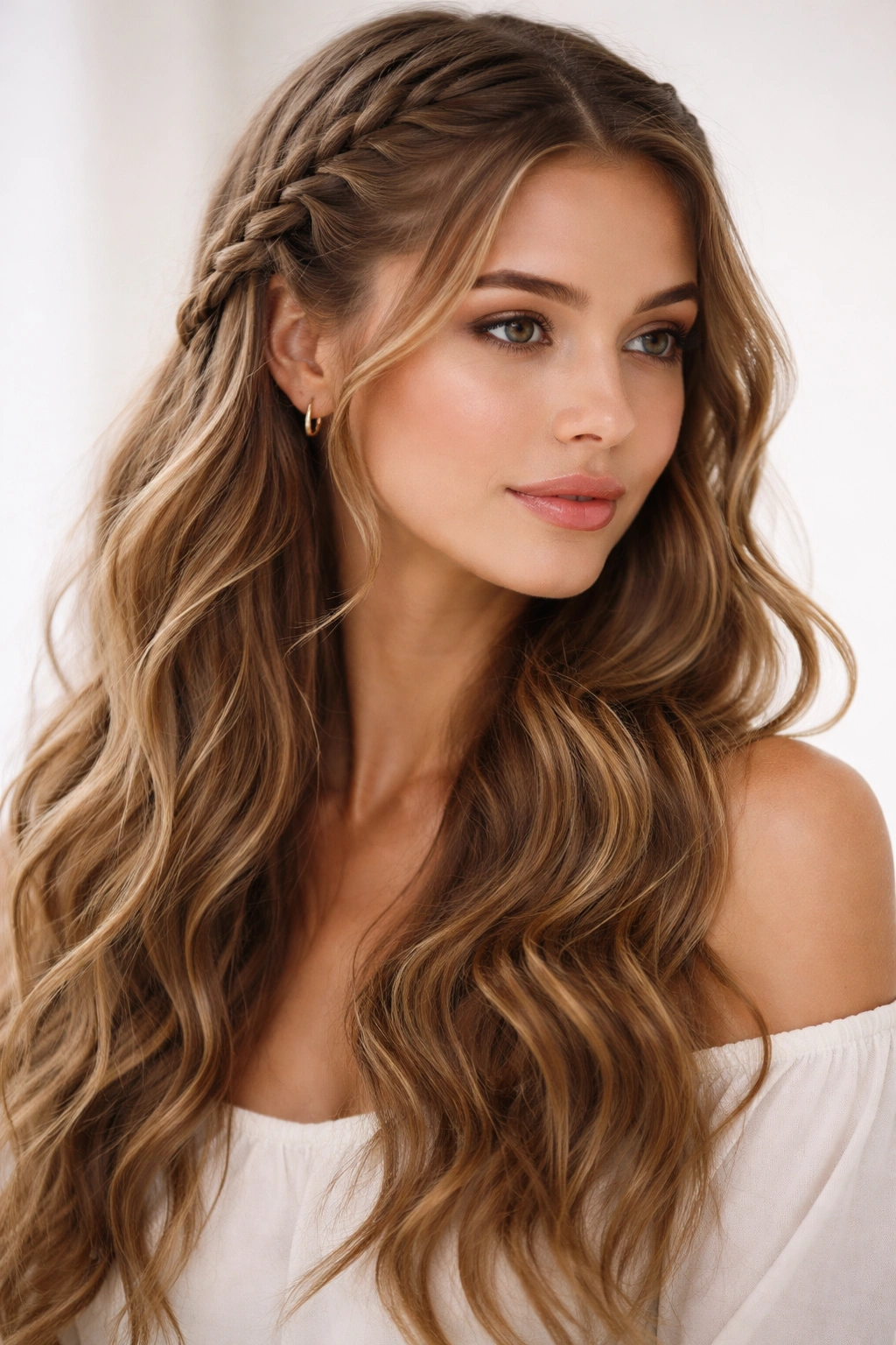 Two side braids framing the face with wavy hair