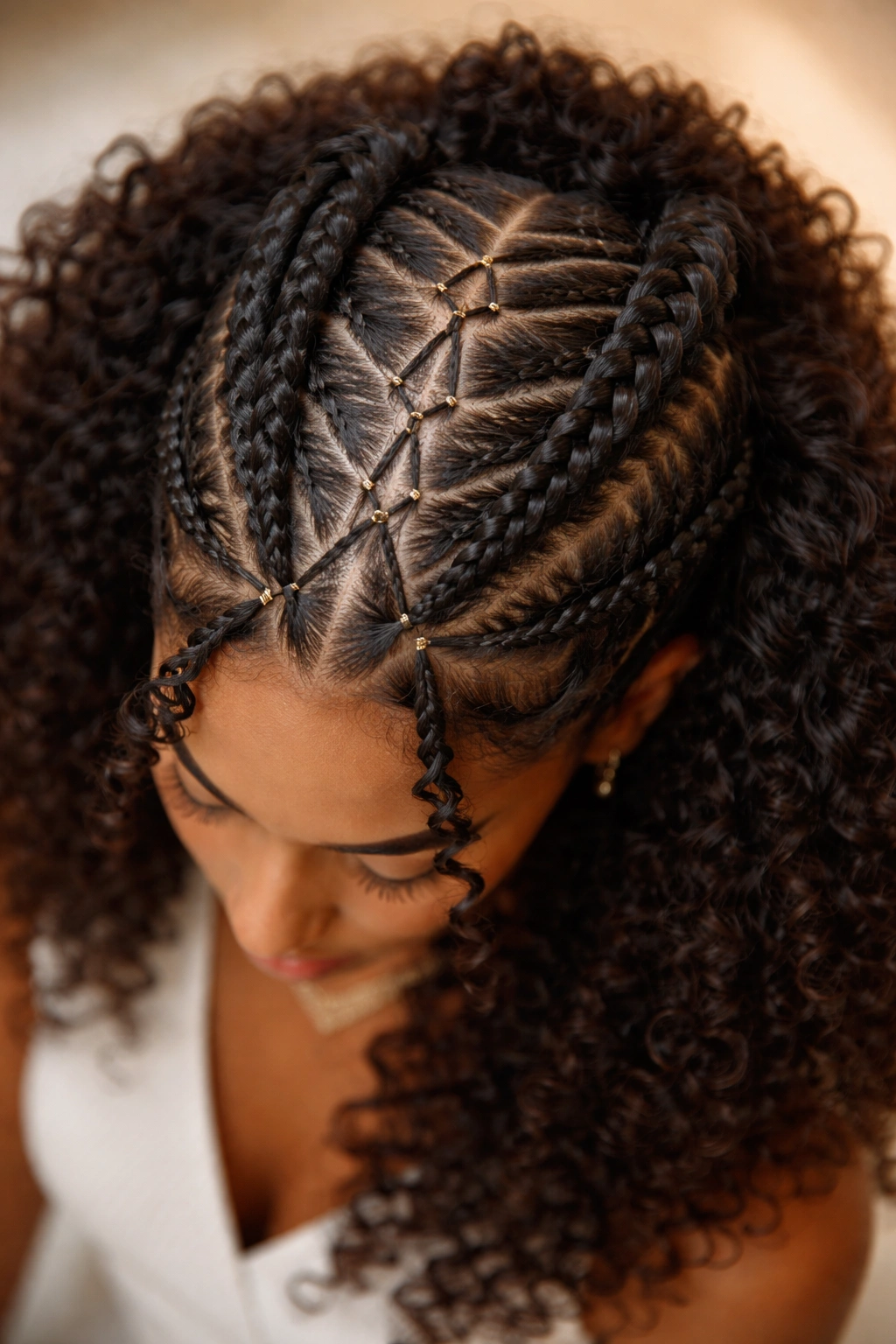 Top-down view of two main Fulani braids connected by thin strands over curly hair.