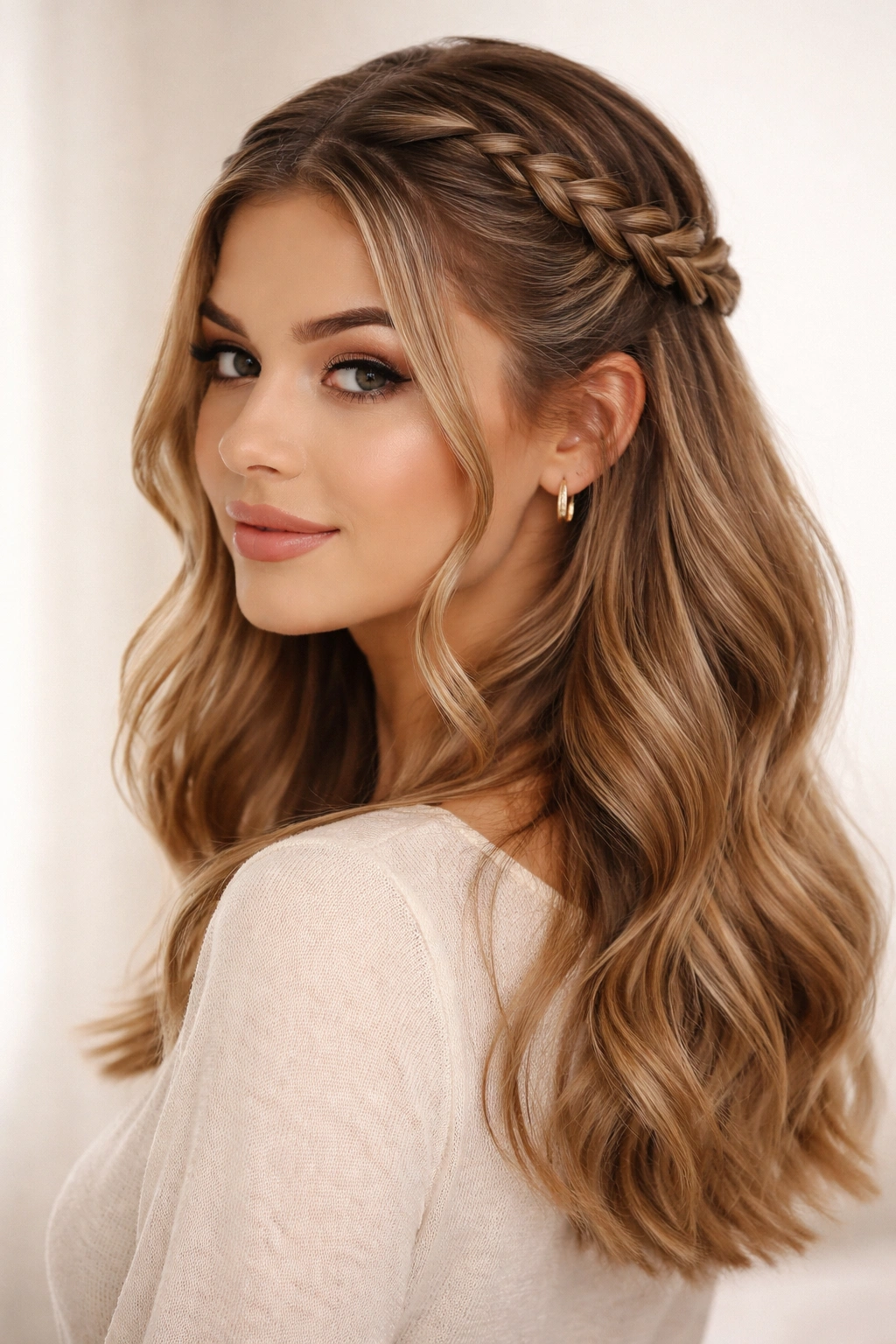 Close-up of a double braided half up hairstyle with two braids meeting at the crown