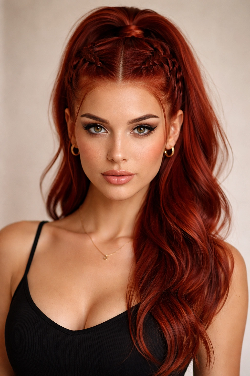Symmetrical braids on both sides merging into a single ponytail