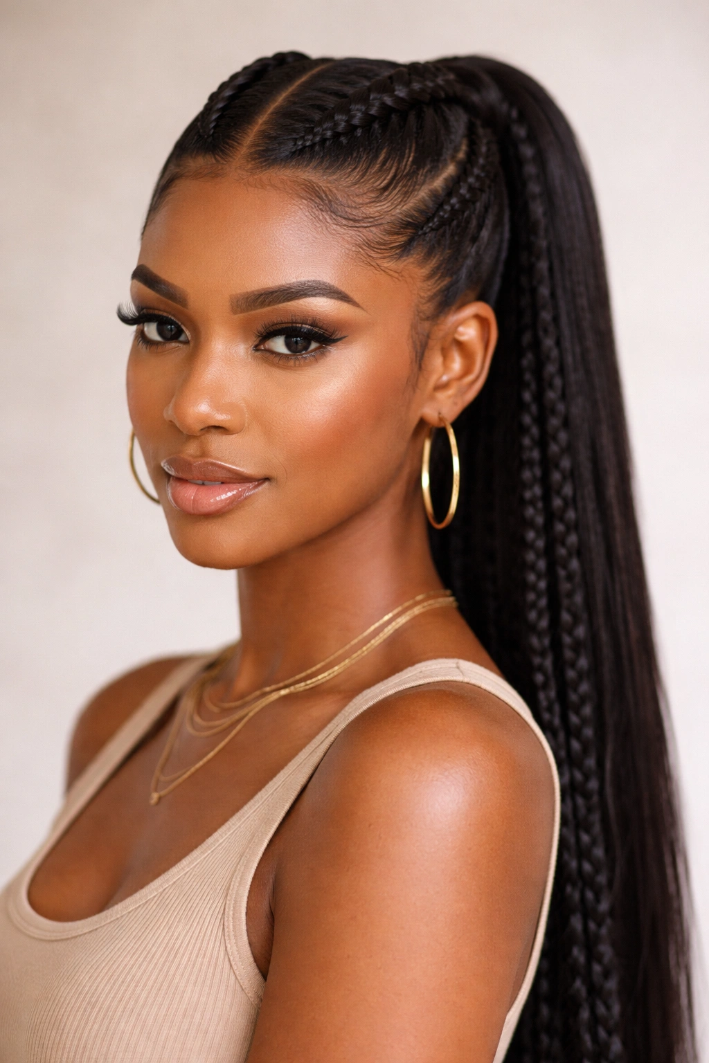 Two symmetrical braids from a center part feeding into a ponytail