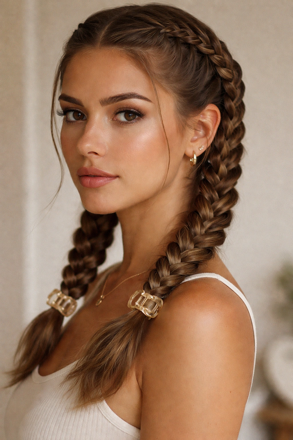 Two symmetrical French braids with matching claw clips