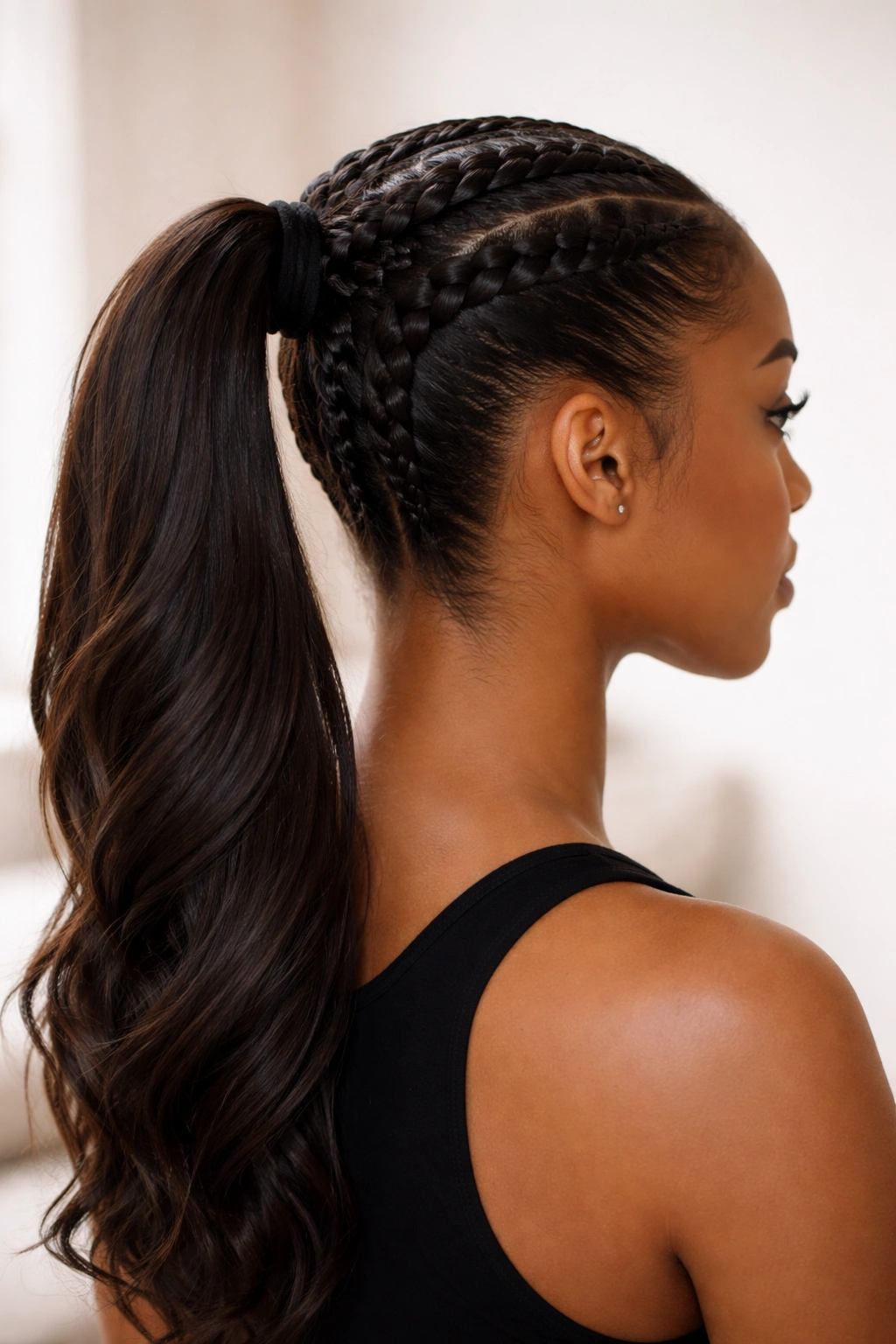 Two Dutch-style braids feeding into a high ponytail with raised texture