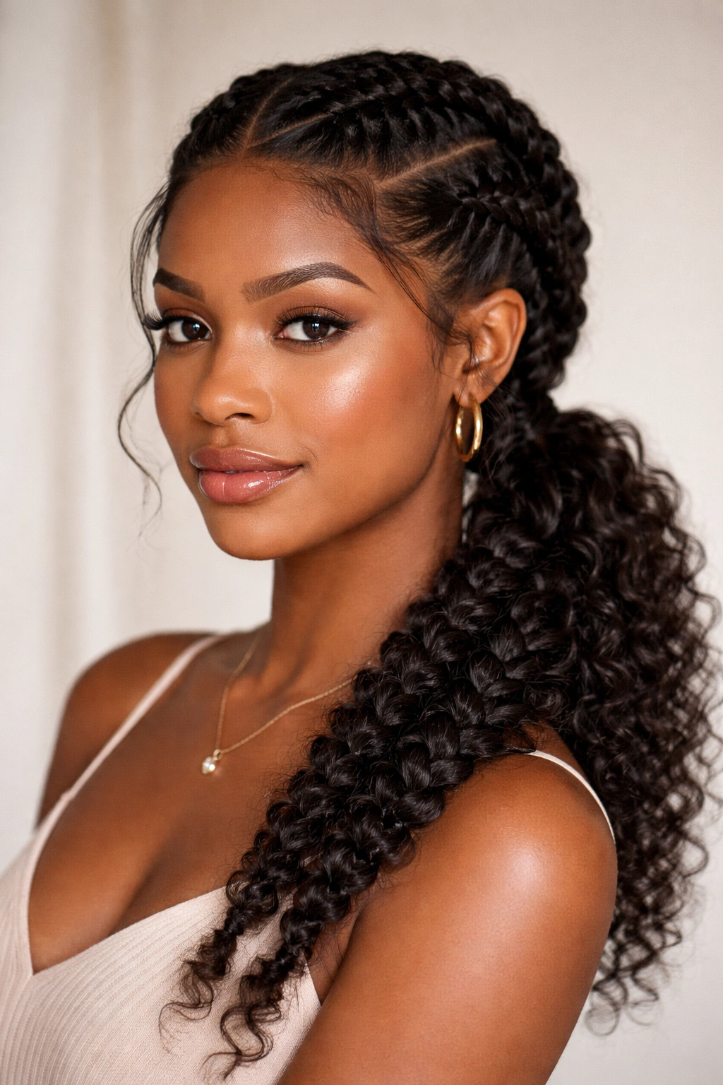 Close-up of classic side-swept double braids on natural hair