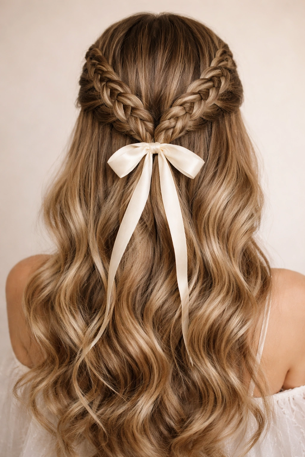 Back view of two braids meeting at the nape with a ribbon tie