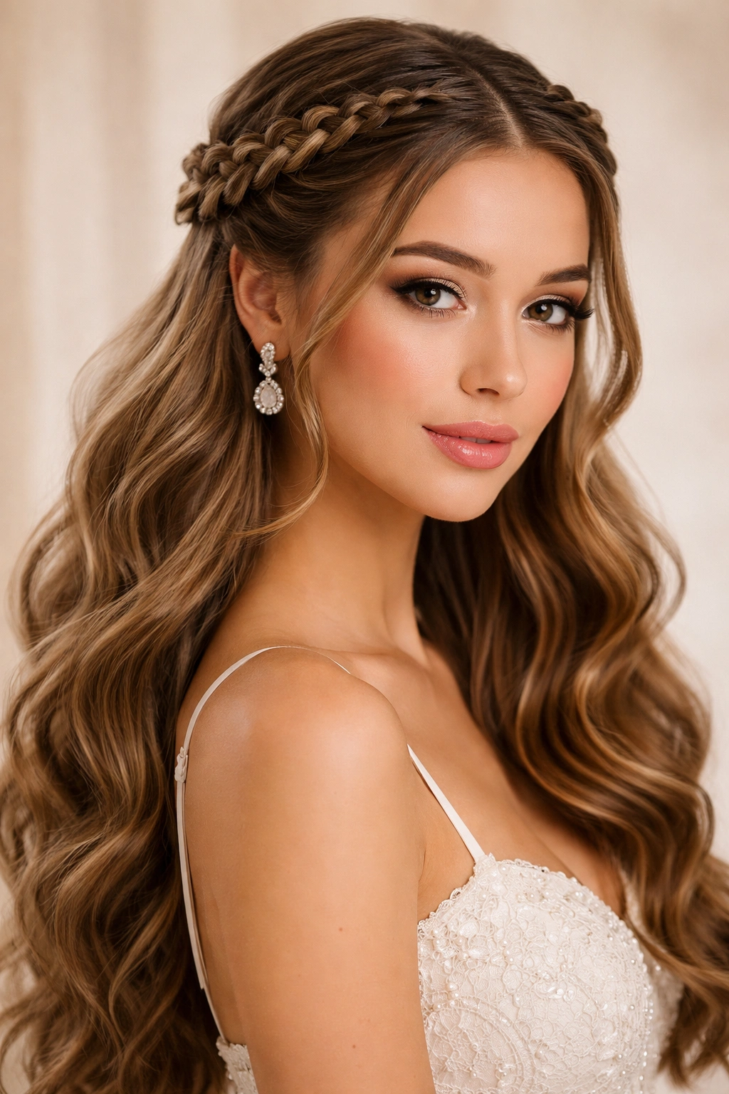 Close-up of two braids wrapping around the crown with loose hair beneath