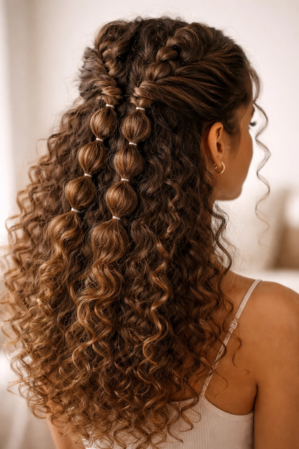 Close-up of two parallel bubble braids in a half-up style on curly hair