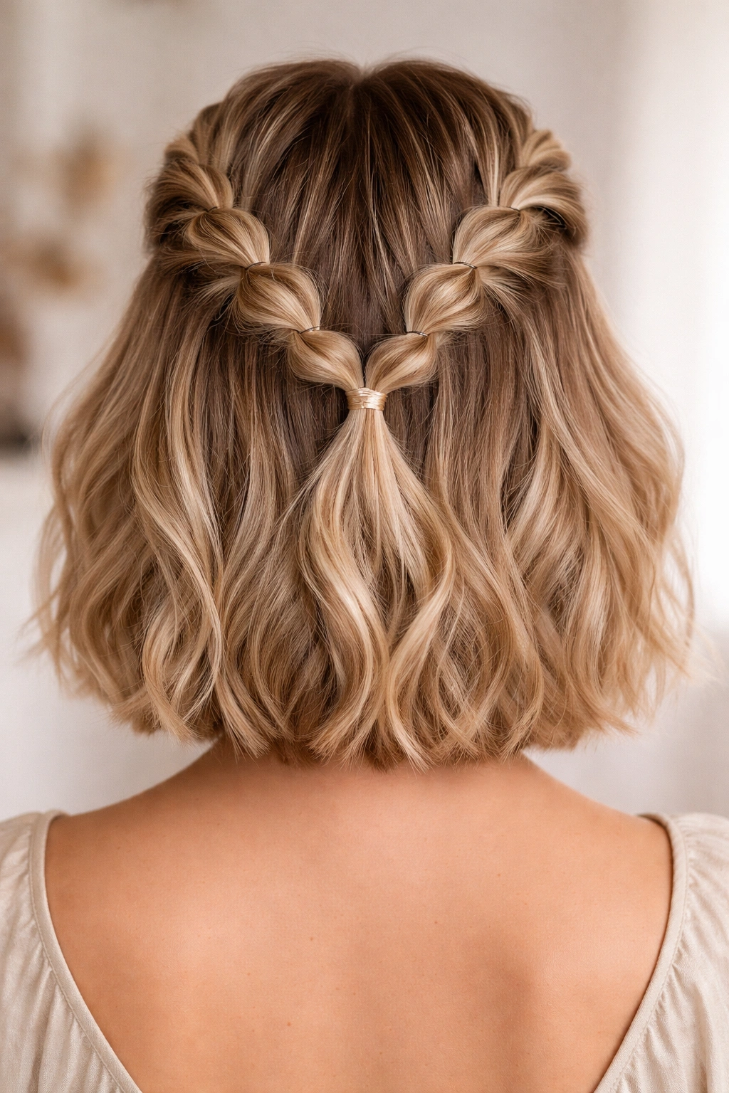 Two bubble braids on each side joined at back on short hair
