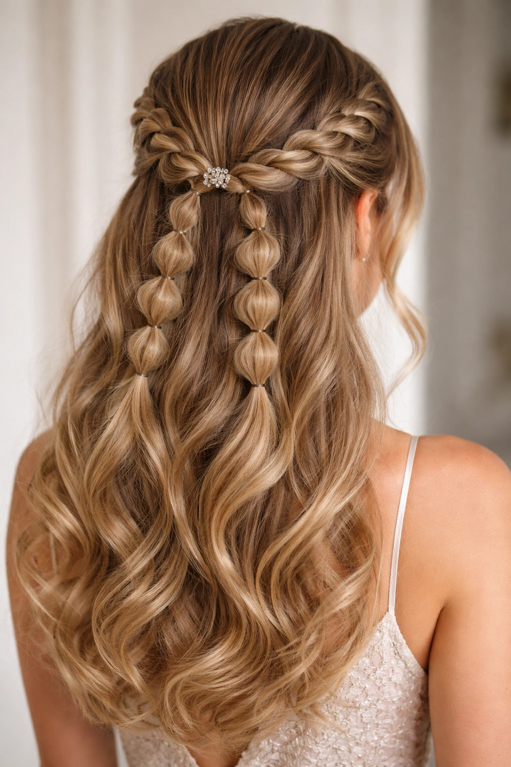 Double bubble braid half-up style with two symmetric braids meeting at the back