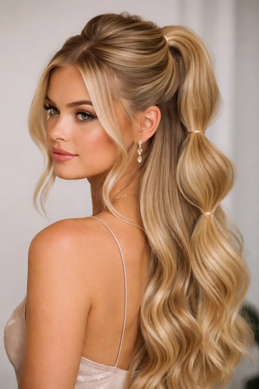 Blonde hair in a double bubble ponytail half-up hairstyle showing two stacked bubbles