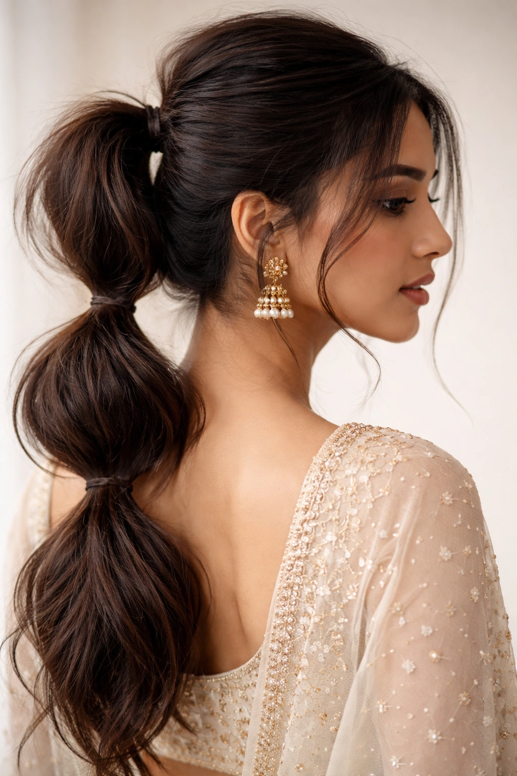 Double-bubble ponytail with fluffy top bubble and lower bubble in studio