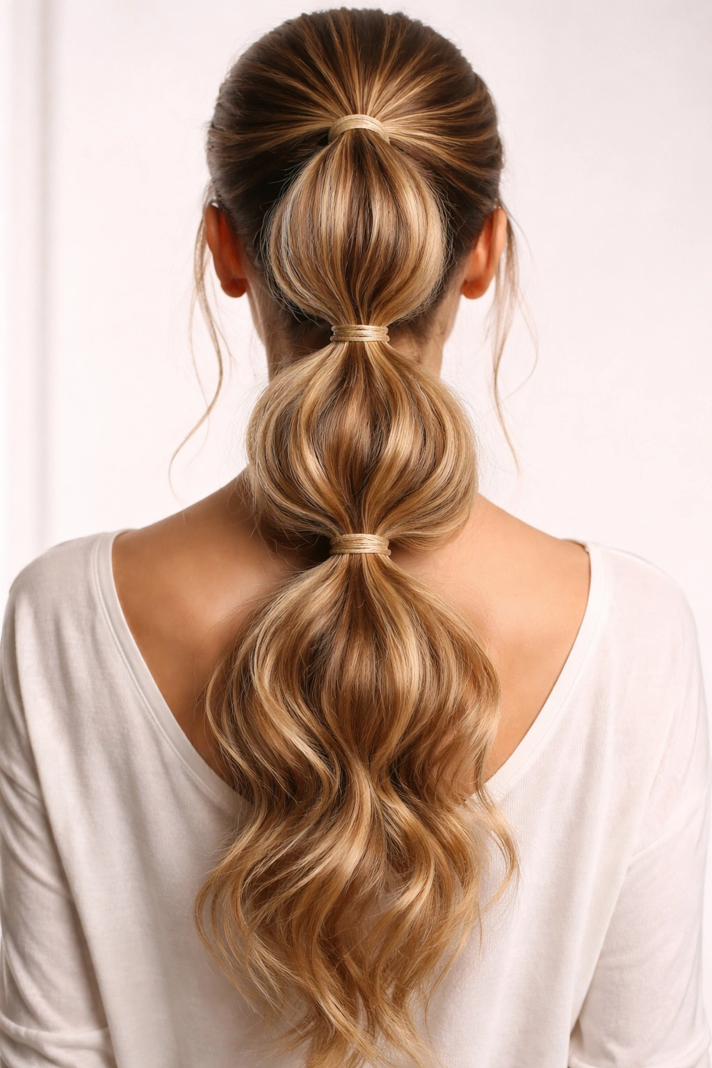 Back view of two stacked bubble weave ponytails with distinct bubble patterns