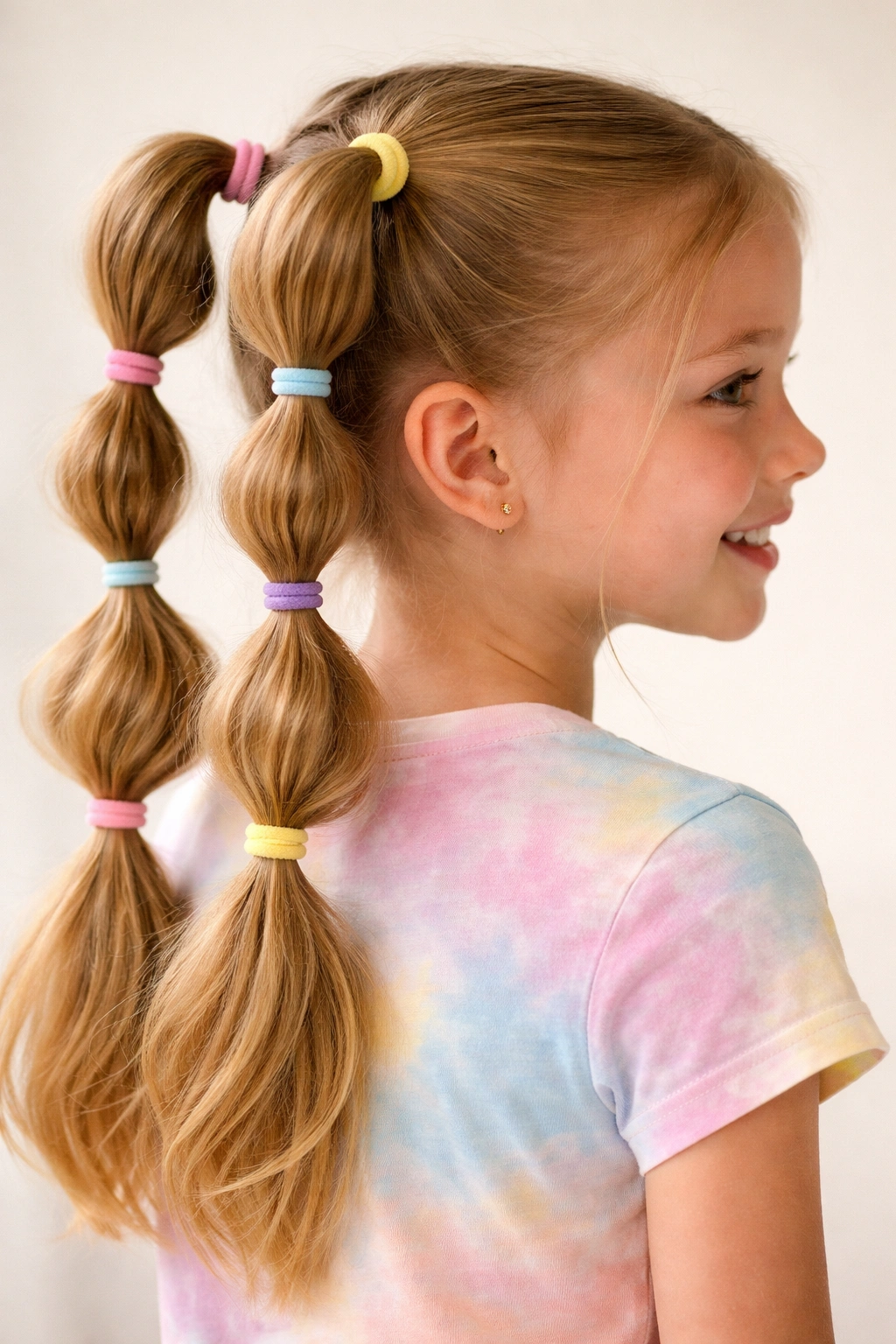 Side view of double bubble ponytails with bubble segments along the ponytails