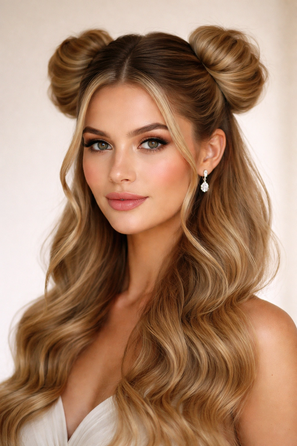 Three-quarter front view of double buns with center part and loose waves