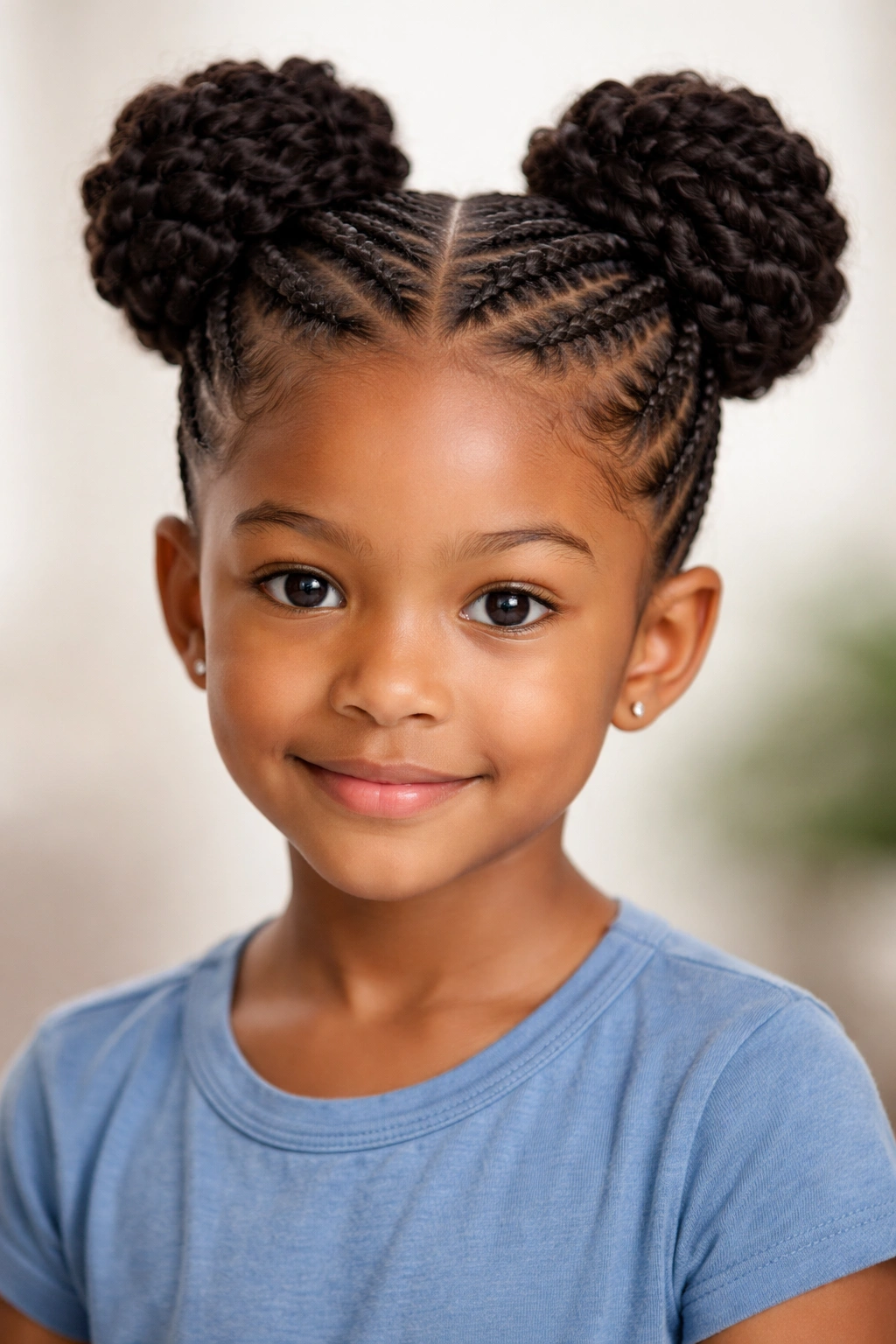 Front view of a child with two high buns formed from cornrows at the crown
