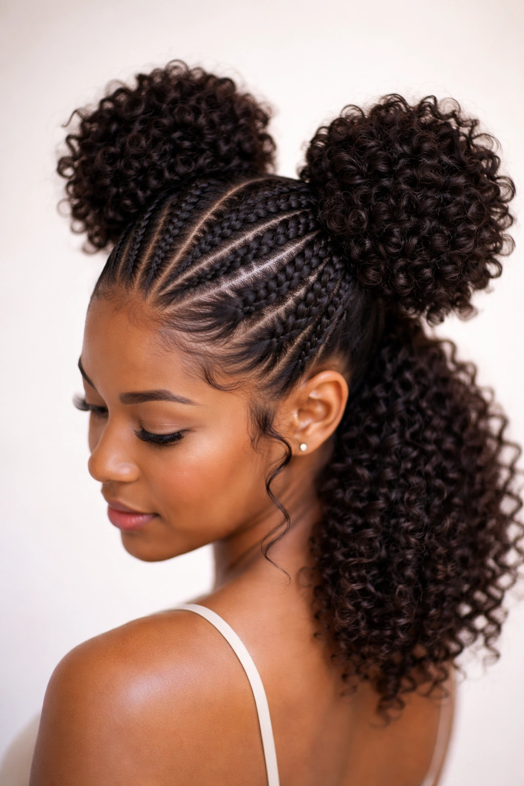 Cornrow ponytail formed into two buns with curls around