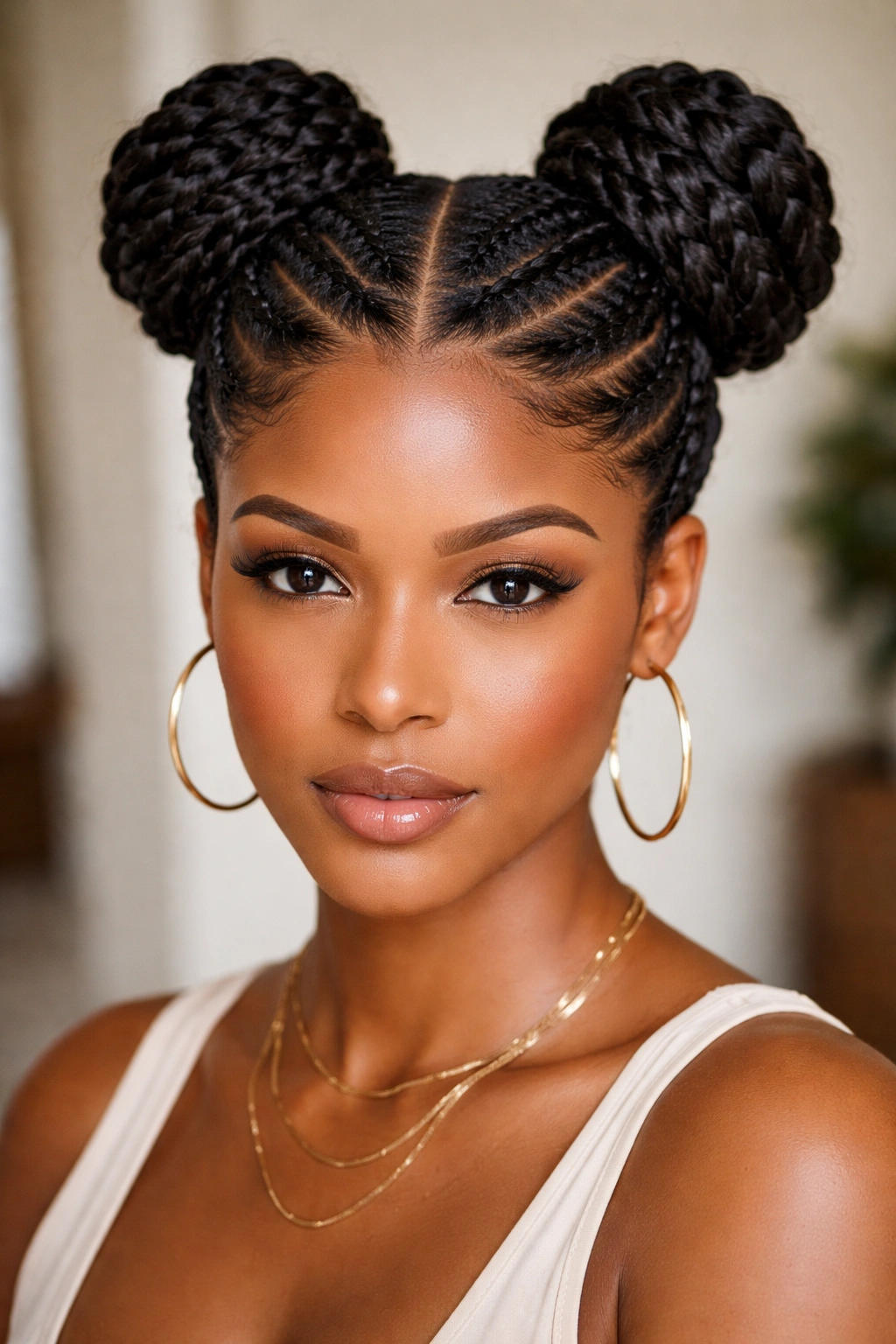 Front view of double-bun crown with center part and symmetrical buns at the crown