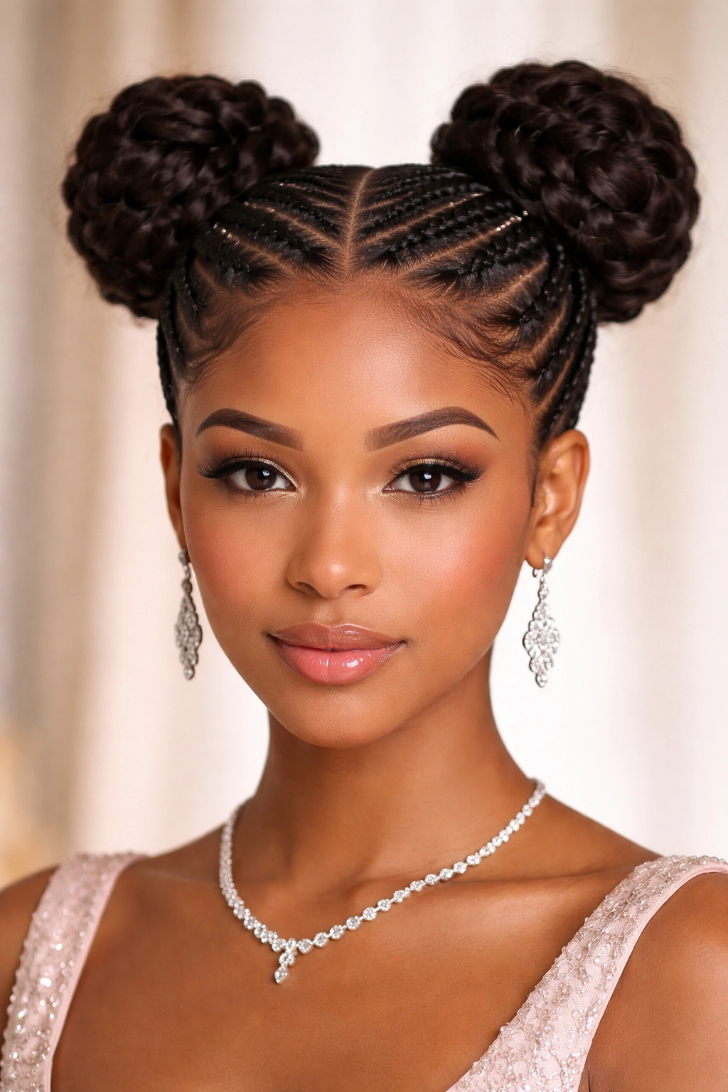 Front portrait of Double-Bun Crown hairstyle with two symmetric buns