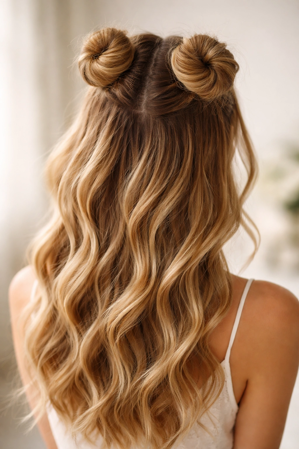 Two small buns at the crown with loose flowing hair