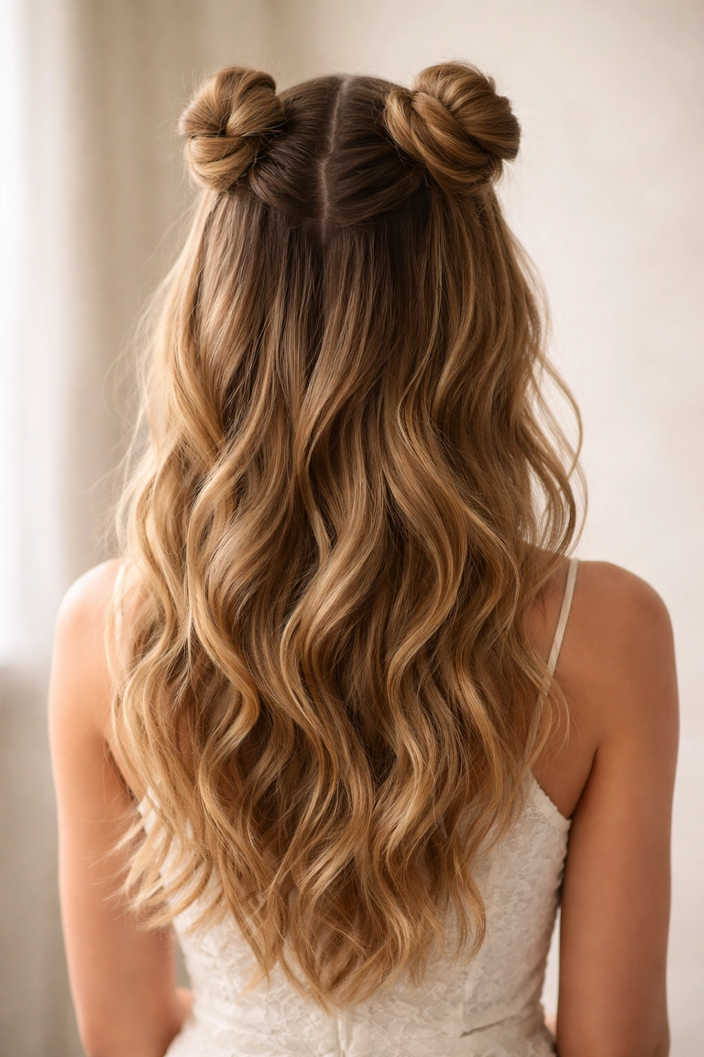Two small buns at crown with flowing hair for a bridesmaid hairstyle