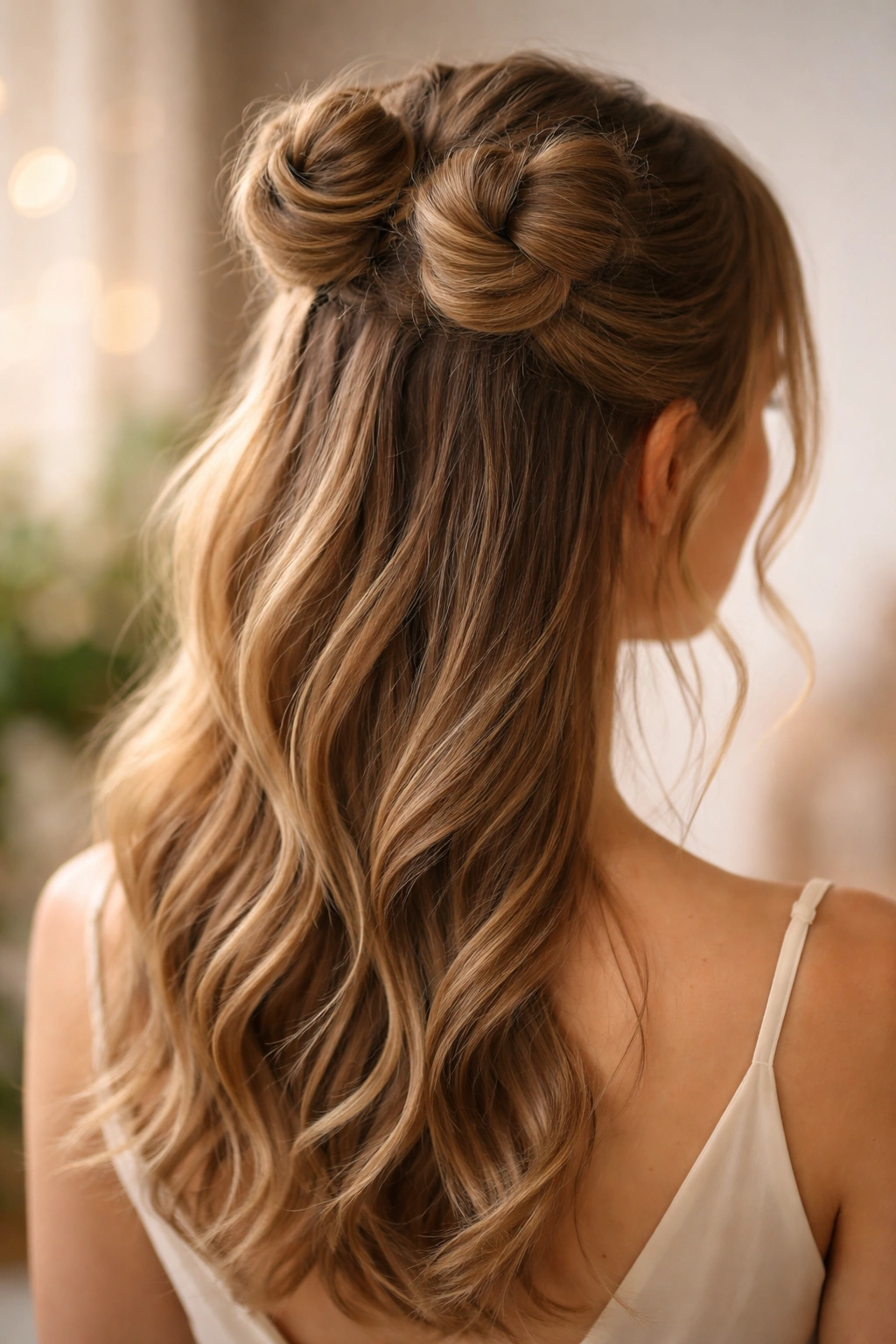 Close-up of a double bun half-up hairstyle with two small buns at the crown