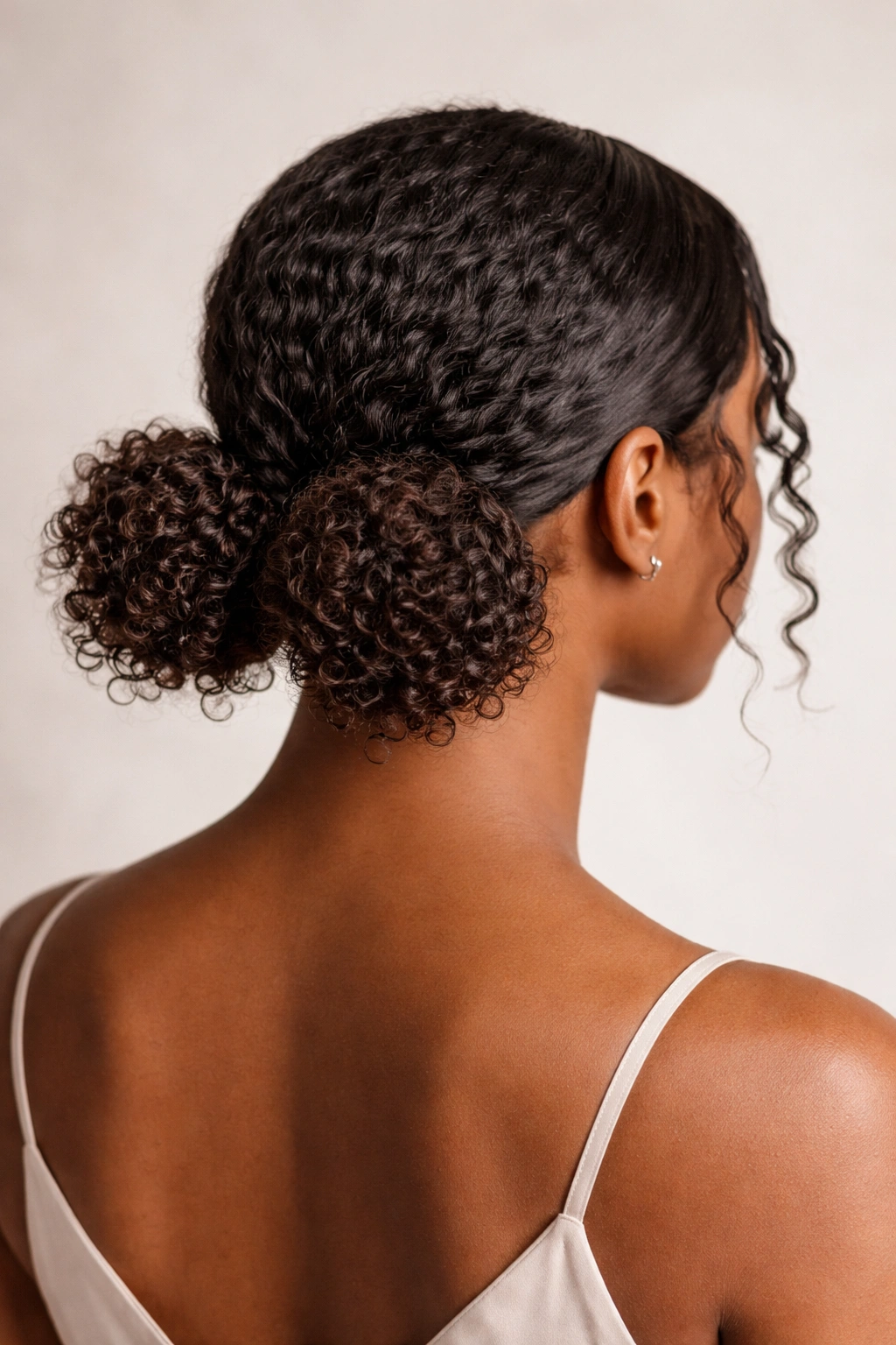 Back view of two small buns at the nape of curly hair.
